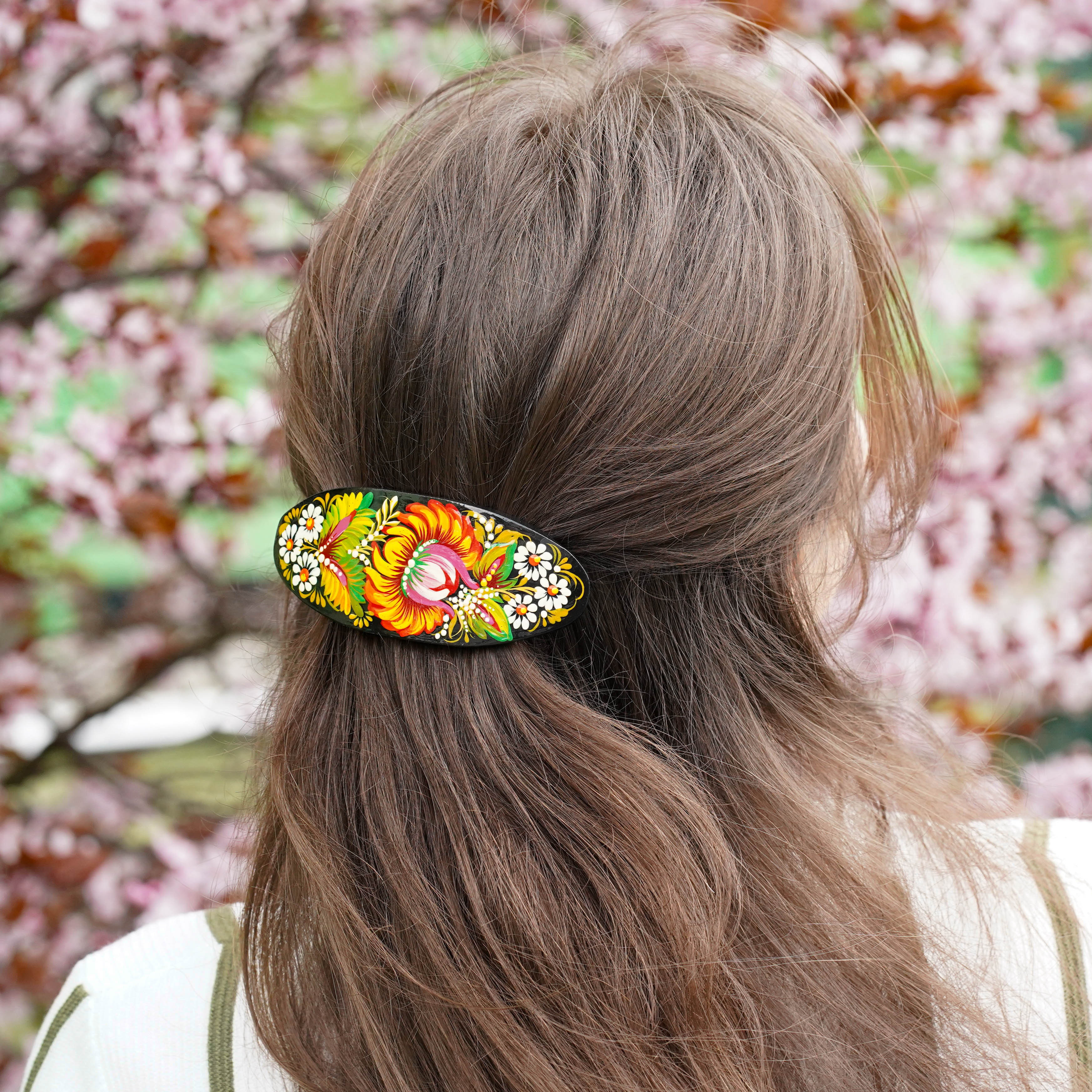 Hand-painted Oval Wooden Hair Barrette - Artisanal Petrykivka Art Orange Flower French Hair Clip