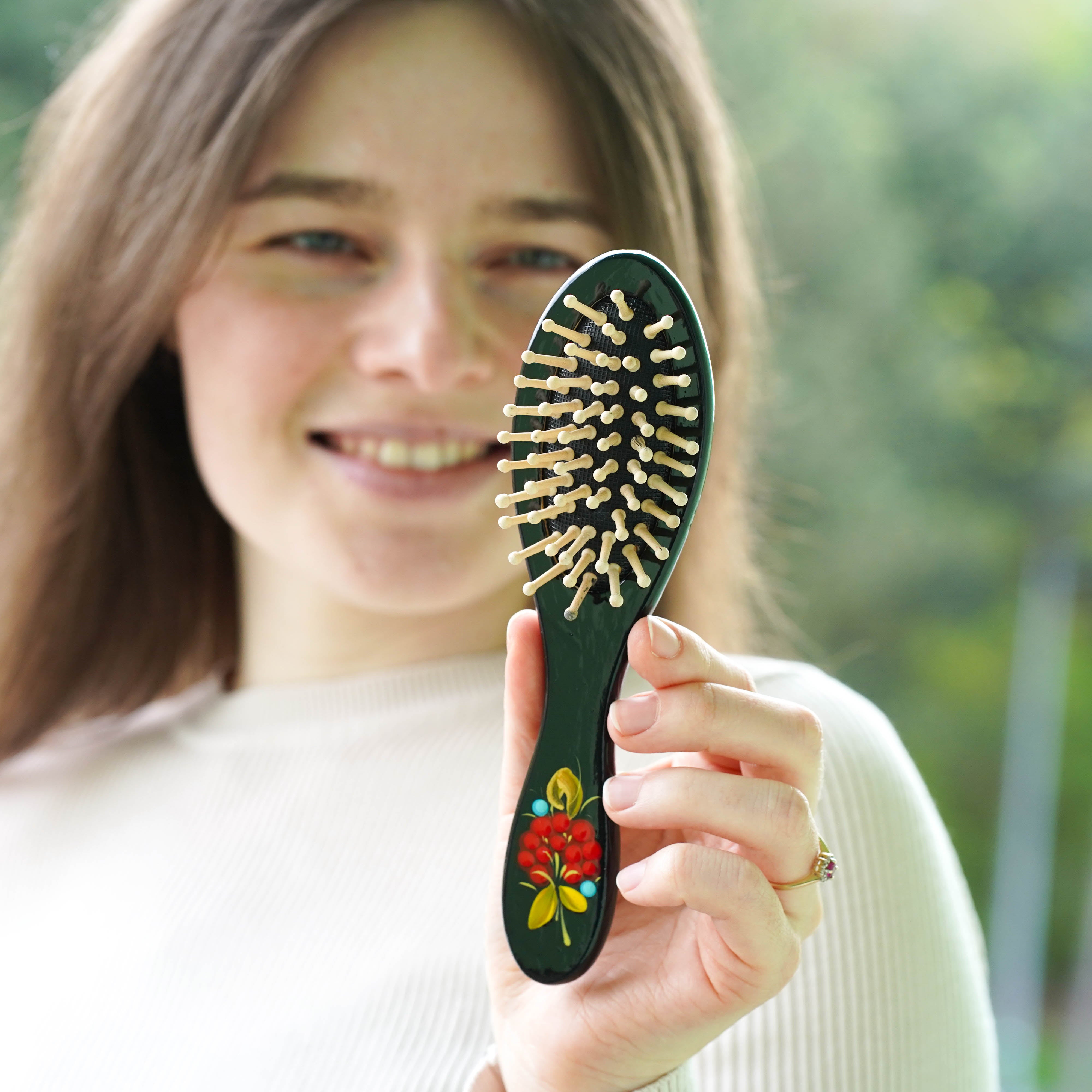 Hand-painted Wooden Strawberry Paddle Hairbrush - Petrykivka Art Flower Hairbrush with Wooden Bristles