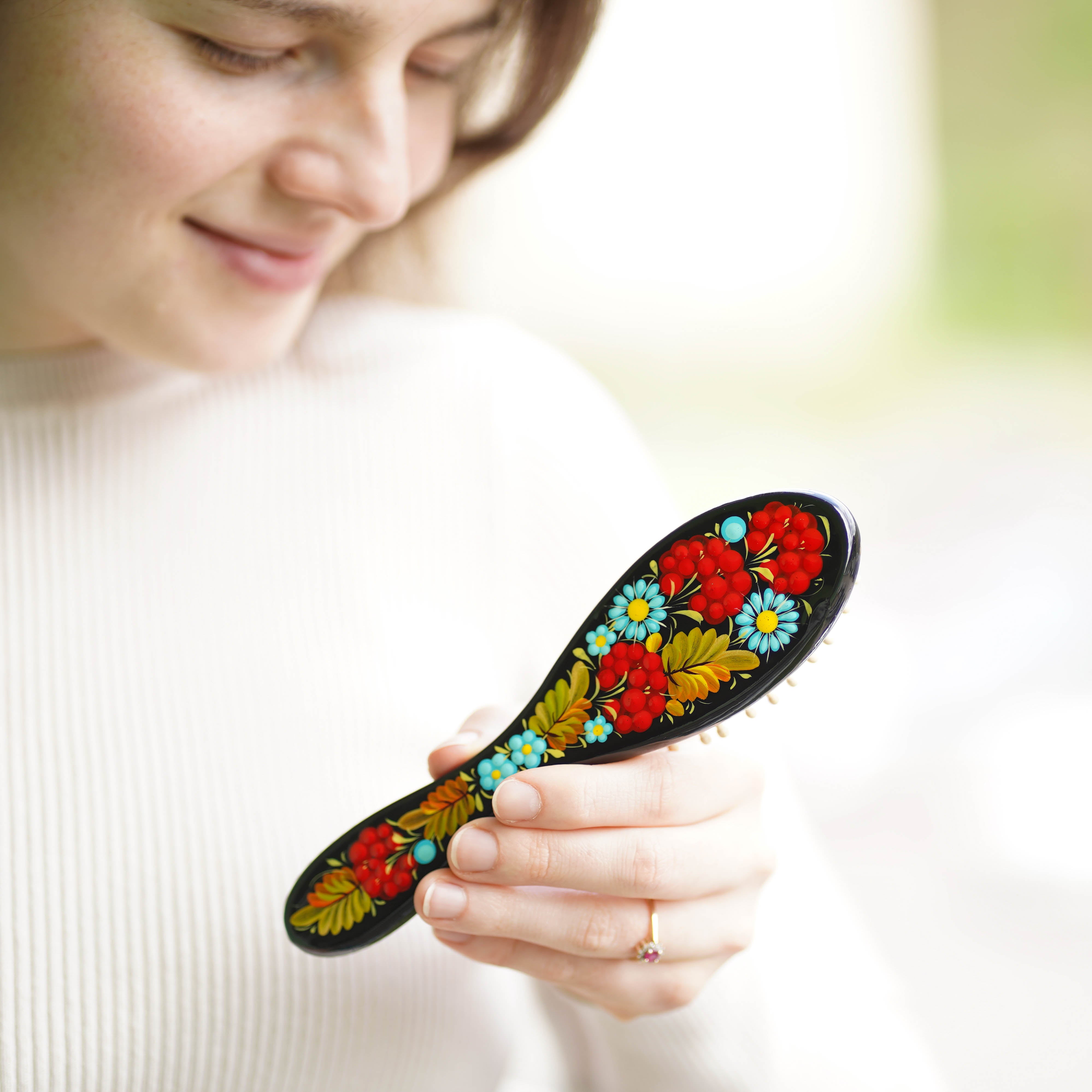 Hand-painted Wooden Strawberry Paddle Hairbrush - Petrykivka Art Flower Hairbrush with Wooden Bristles