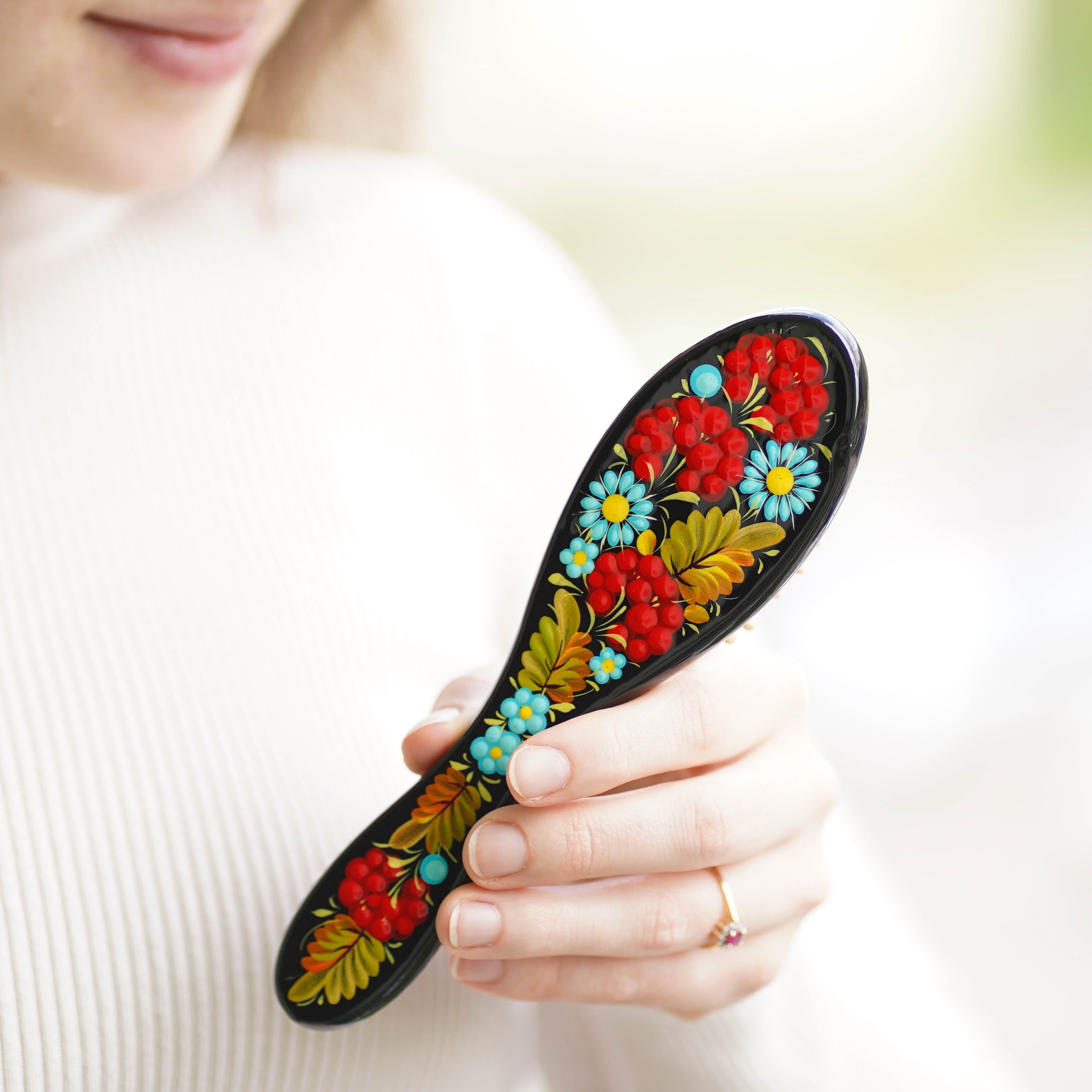 Hand-painted Wooden Strawberry Paddle Hairbrush - Petrykivka Art Flower Hairbrush with Wooden Bristles