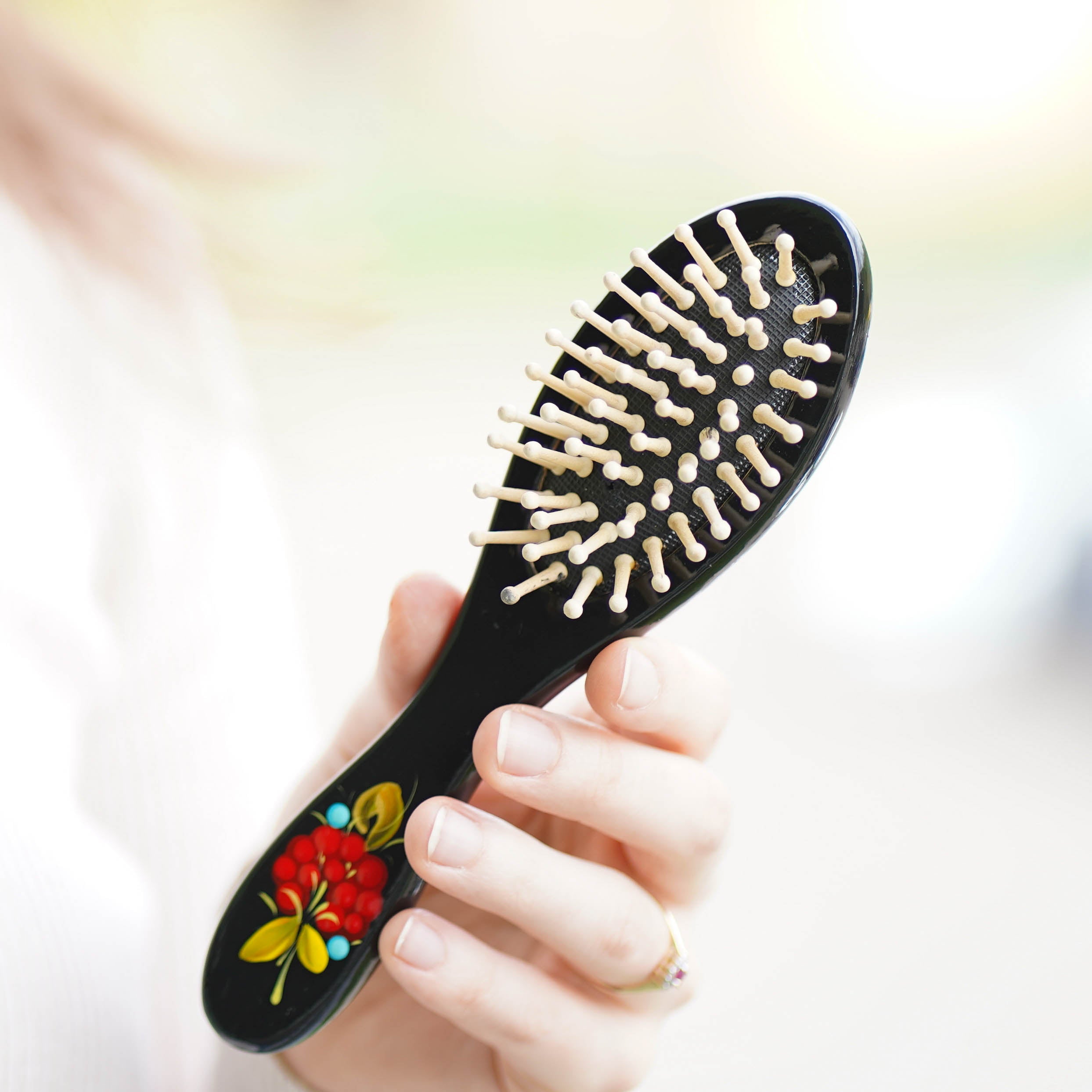 Hand-painted Wooden Strawberry Paddle Hairbrush - Petrykivka Art Flower Hairbrush with Wooden Bristles