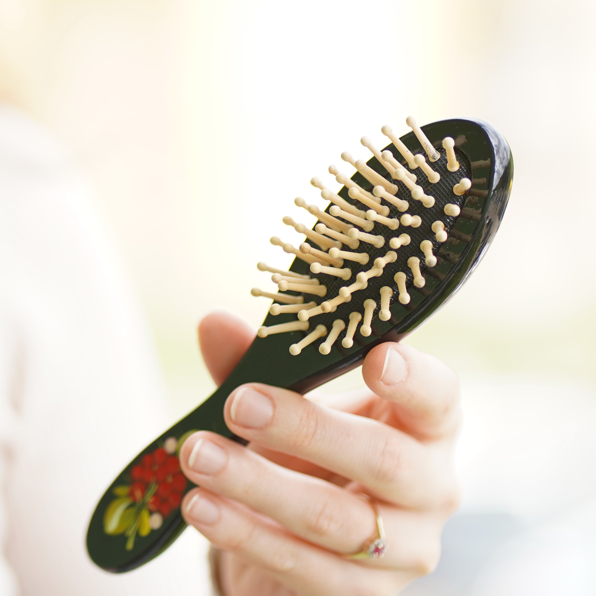 Painted Wooden Massage Paddle Hairbrush - Petrykivka Art Flower Hairbrush with Wooden Bristles