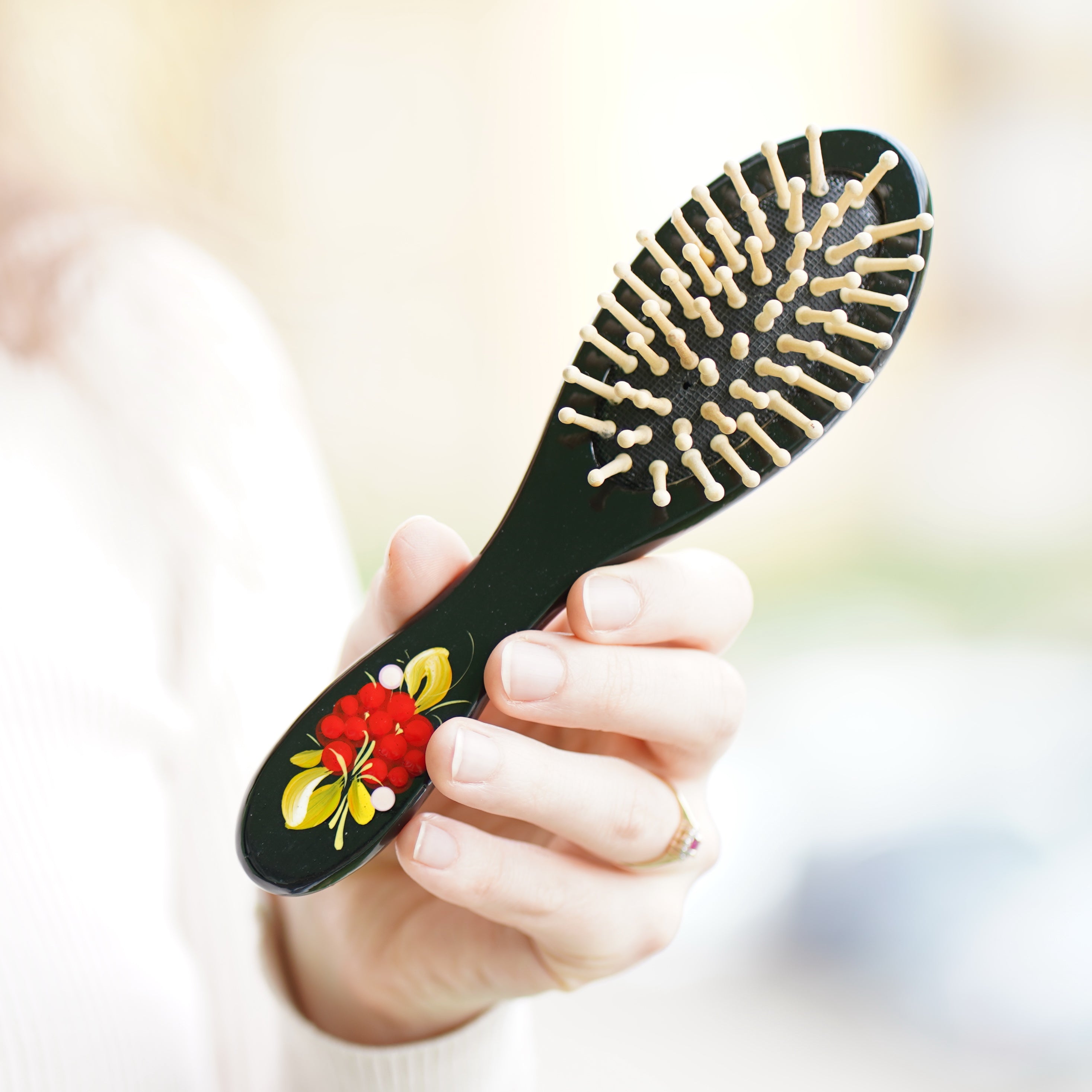 Painted Wooden Massage Paddle Hairbrush - Petrykivka Art Flower Hairbrush with Wooden Bristles