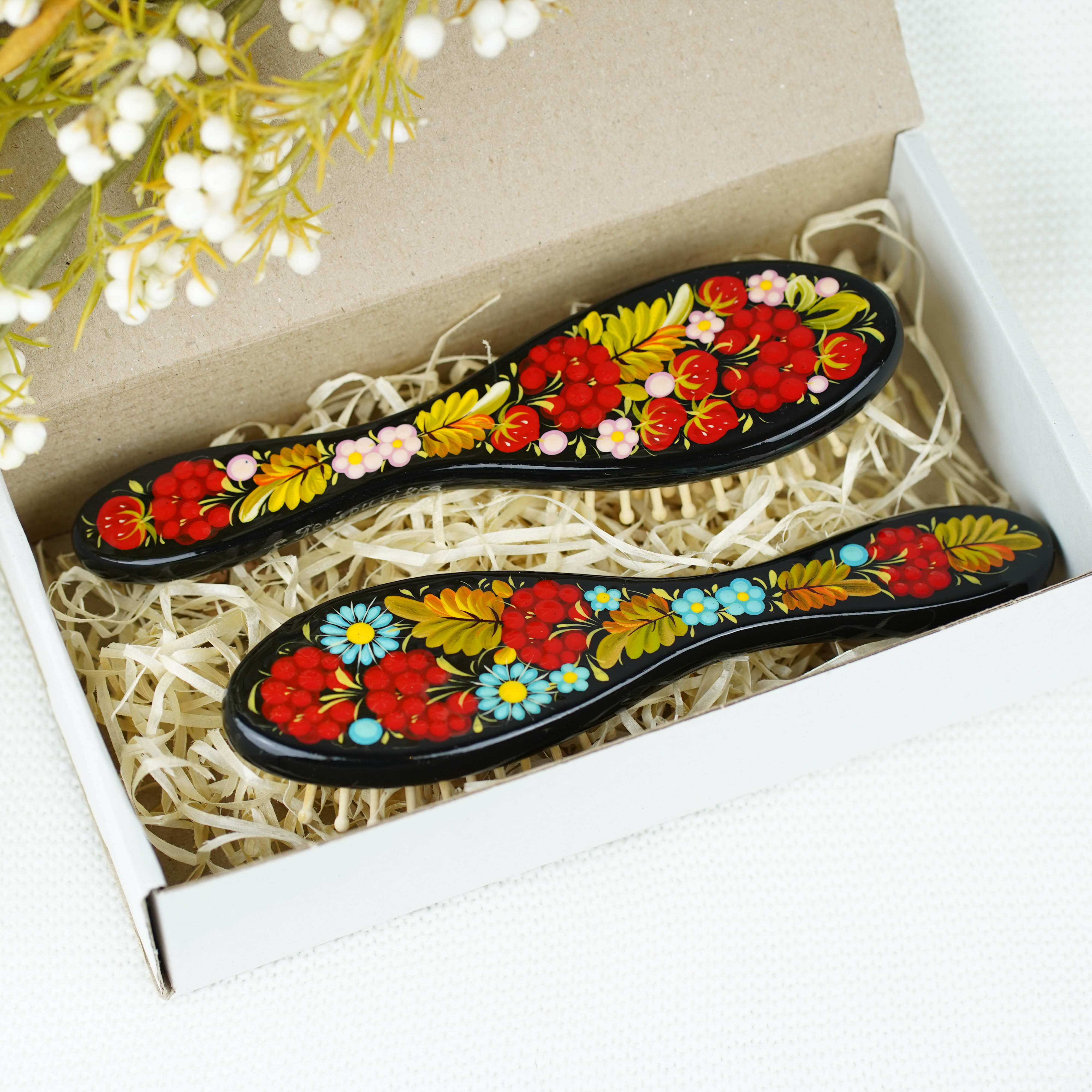 Hand-painted Wooden Strawberry Paddle Hairbrush - Petrykivka Art Flower Hairbrush with Wooden Bristles