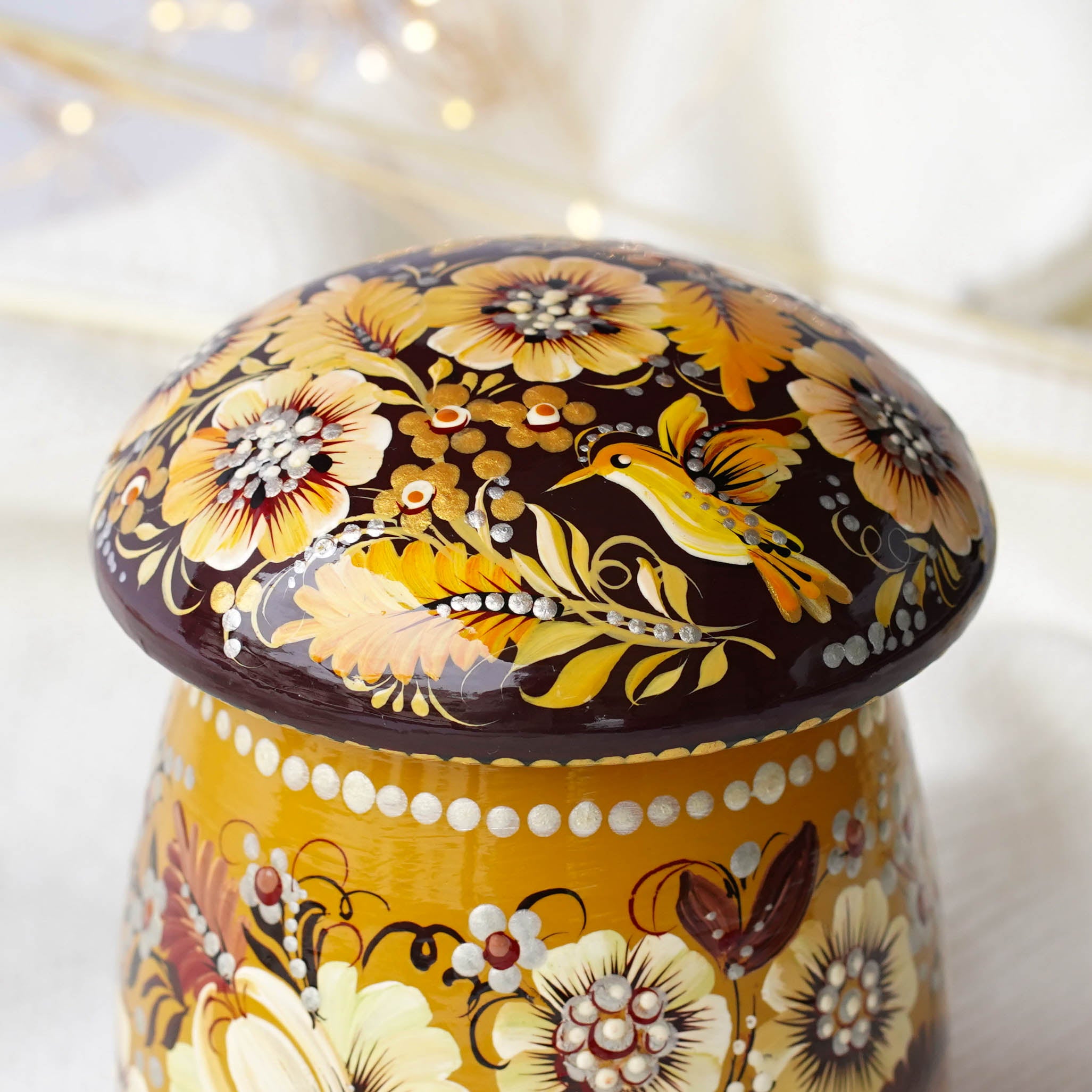 Painted Wooden Jar with Lid - Beige Flower Mushroom-shaped Hummingbird Kitchen Canister, Petrykivka Art