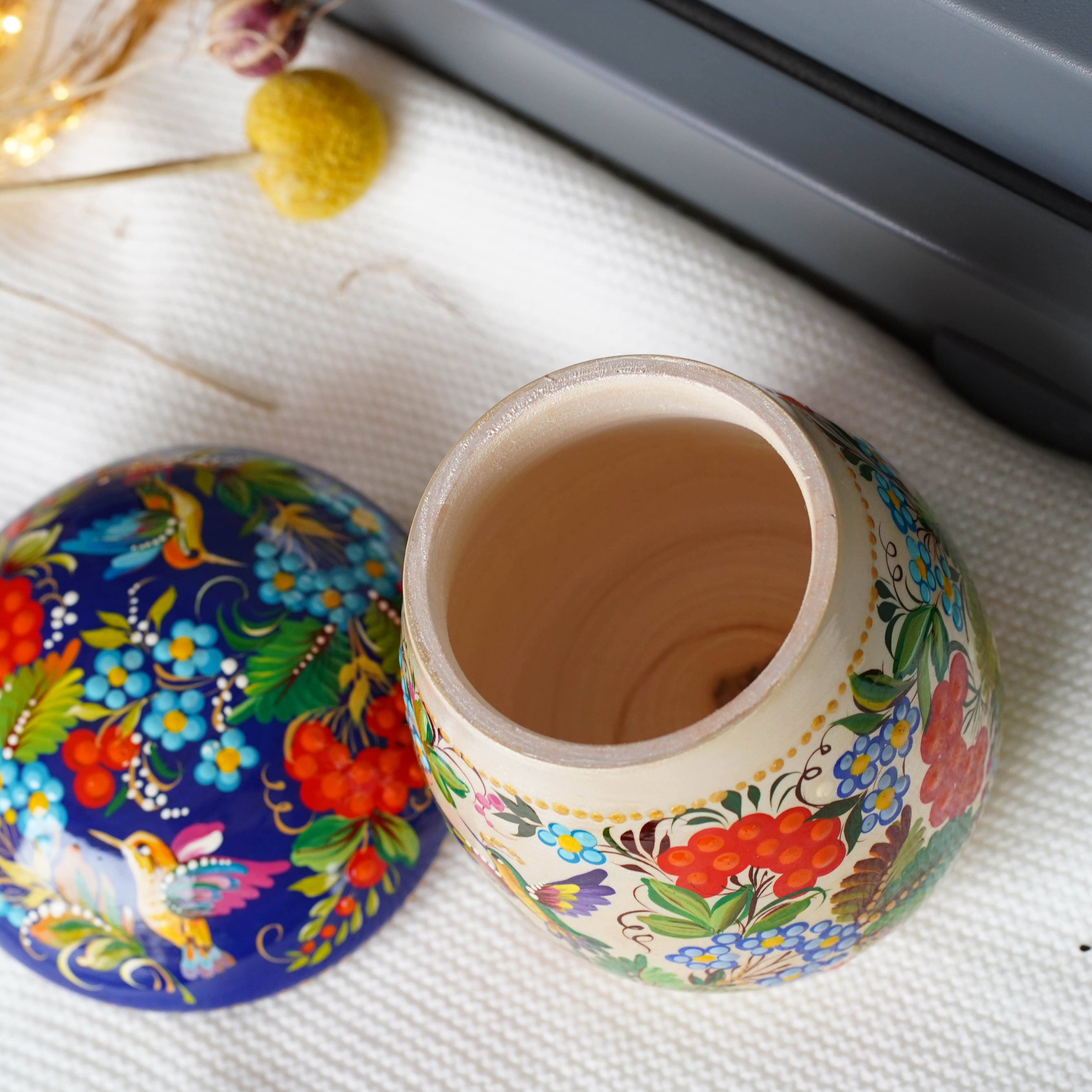 Painted Wooden Jar with Lid - Artisanal Mushroom-shaped Hummingbird Kitchen Canister, Petrykivka Art