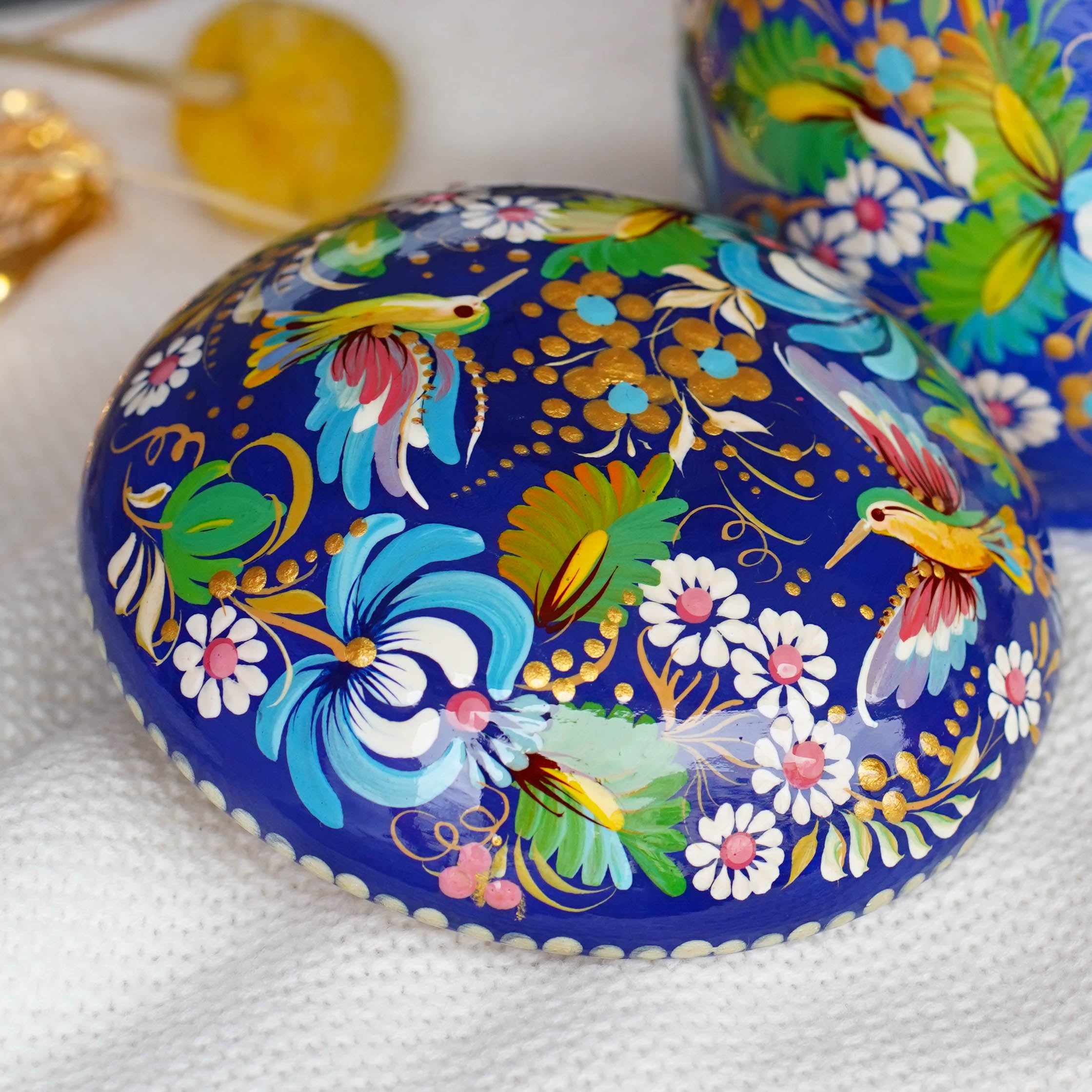 Painted Wooden Hummingbird Jewelry Box 5.1 in, Mushroom-shaped - Petrykivka Art Blue Flower Trinket Box