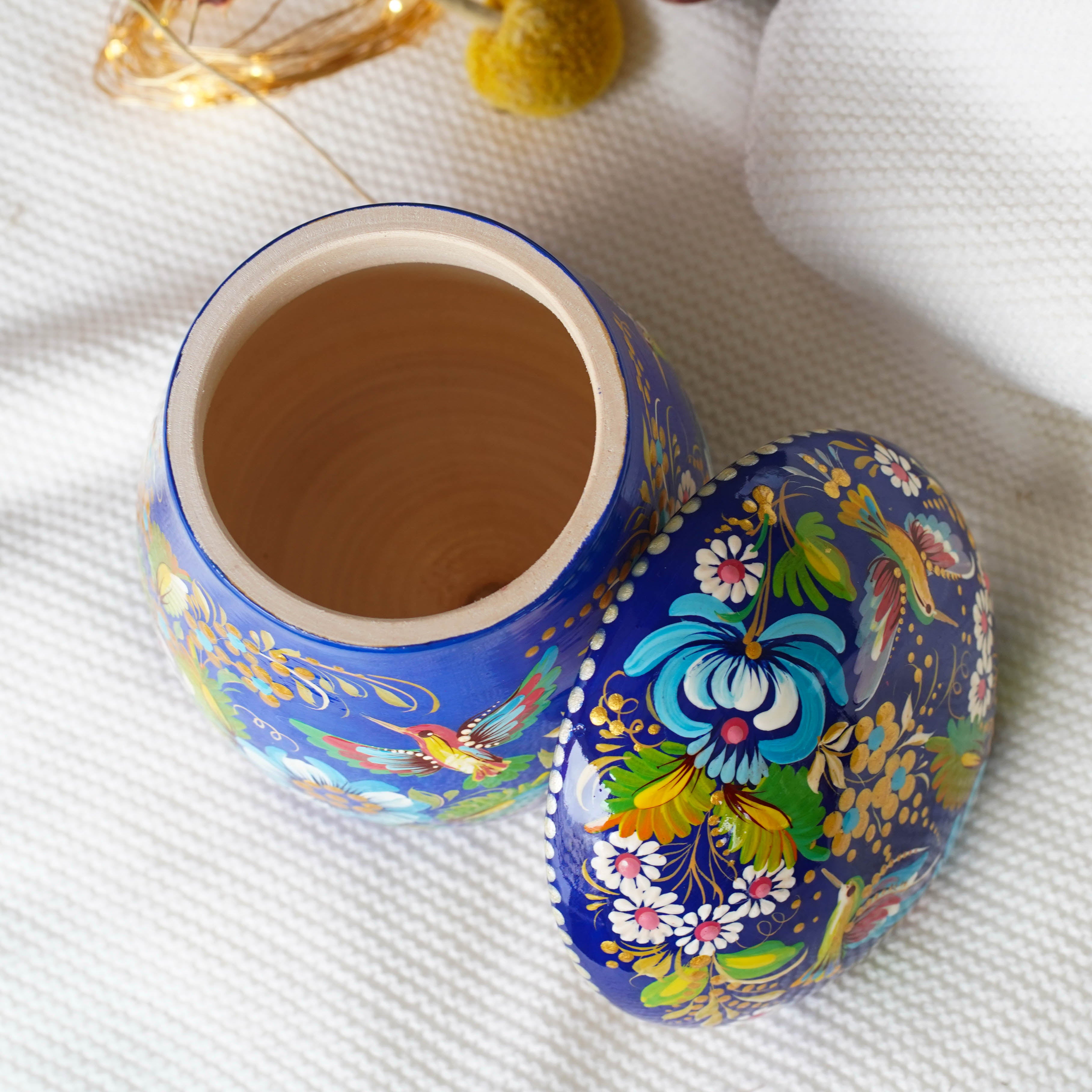 Painted Wooden Jar with Lid - Blue Floral Mushroom-shaped Hummingbird Kitchen Canister, Petrykivka Art