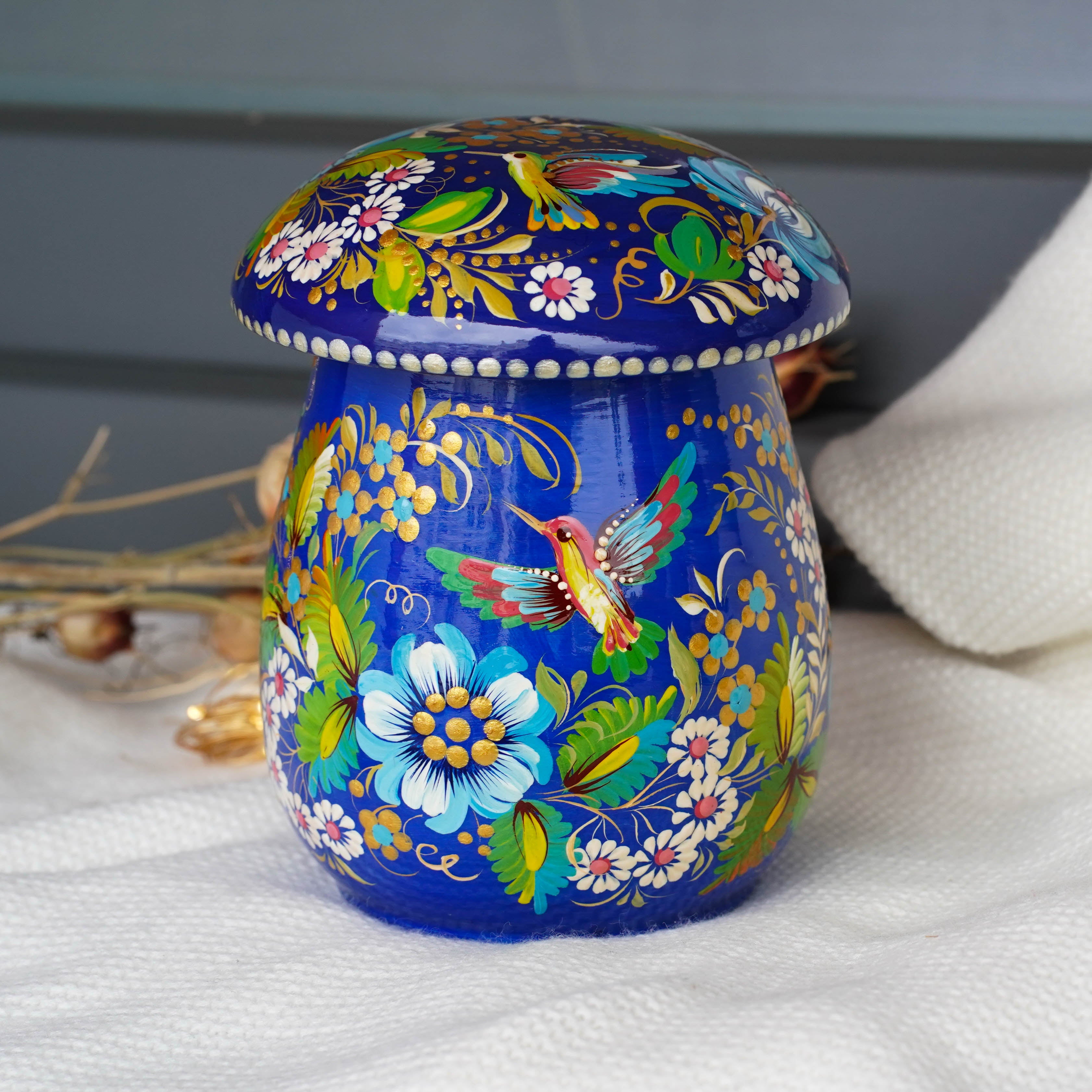 Painted Wooden Hummingbird Jewelry Box 5.1 in, Mushroom-shaped - Petrykivka Art Blue Flower Trinket Box