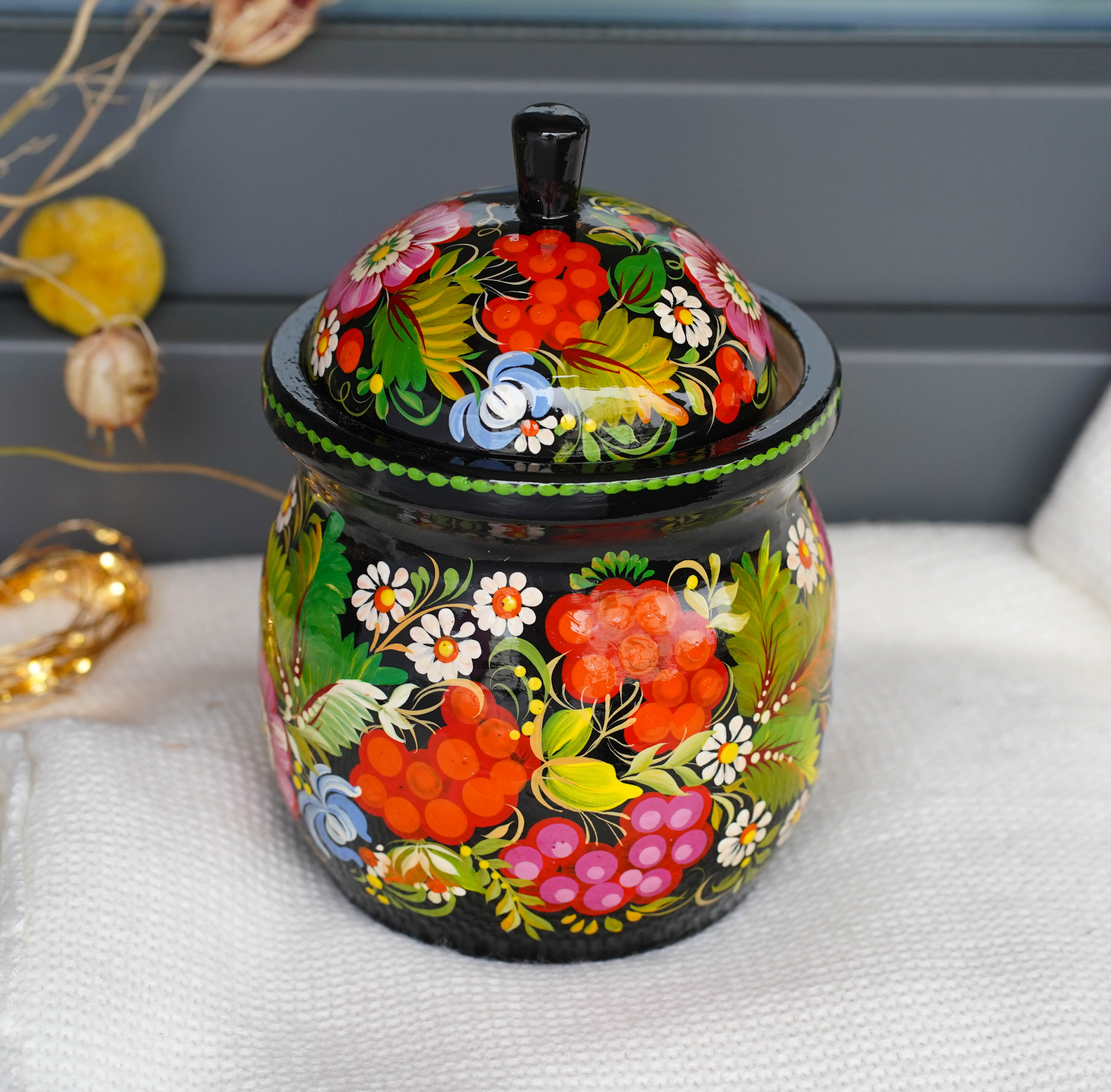 Painted Wooden Jar with Lid - Artisanal Red Flower Kitchen Canister, Petrykivka Art