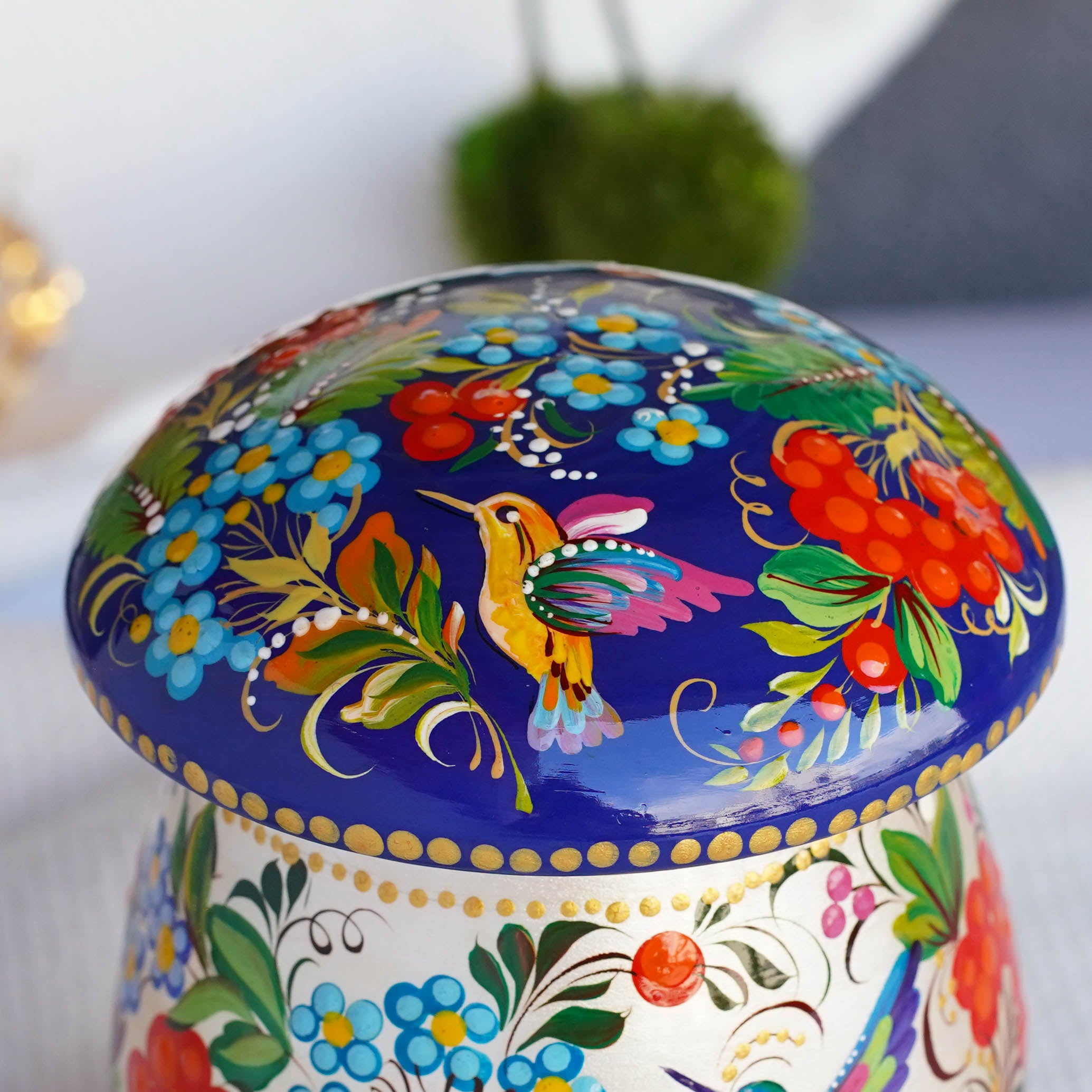 Painted Wooden Jar with Lid - Artisanal Mushroom-shaped Hummingbird Kitchen Canister, Petrykivka Art