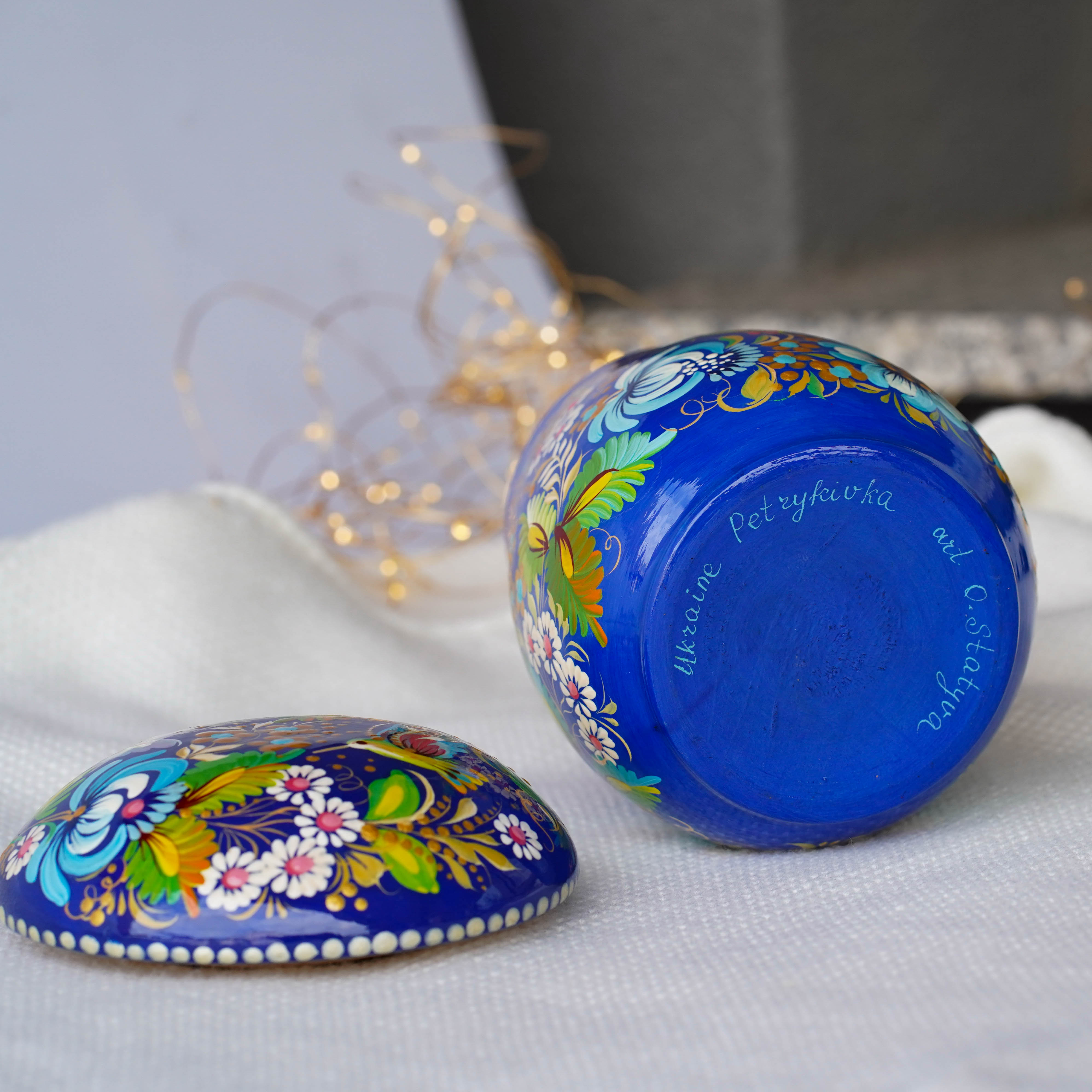 Painted Wooden Jar with Lid - Blue Floral Mushroom-shaped Hummingbird Kitchen Canister, Petrykivka Art