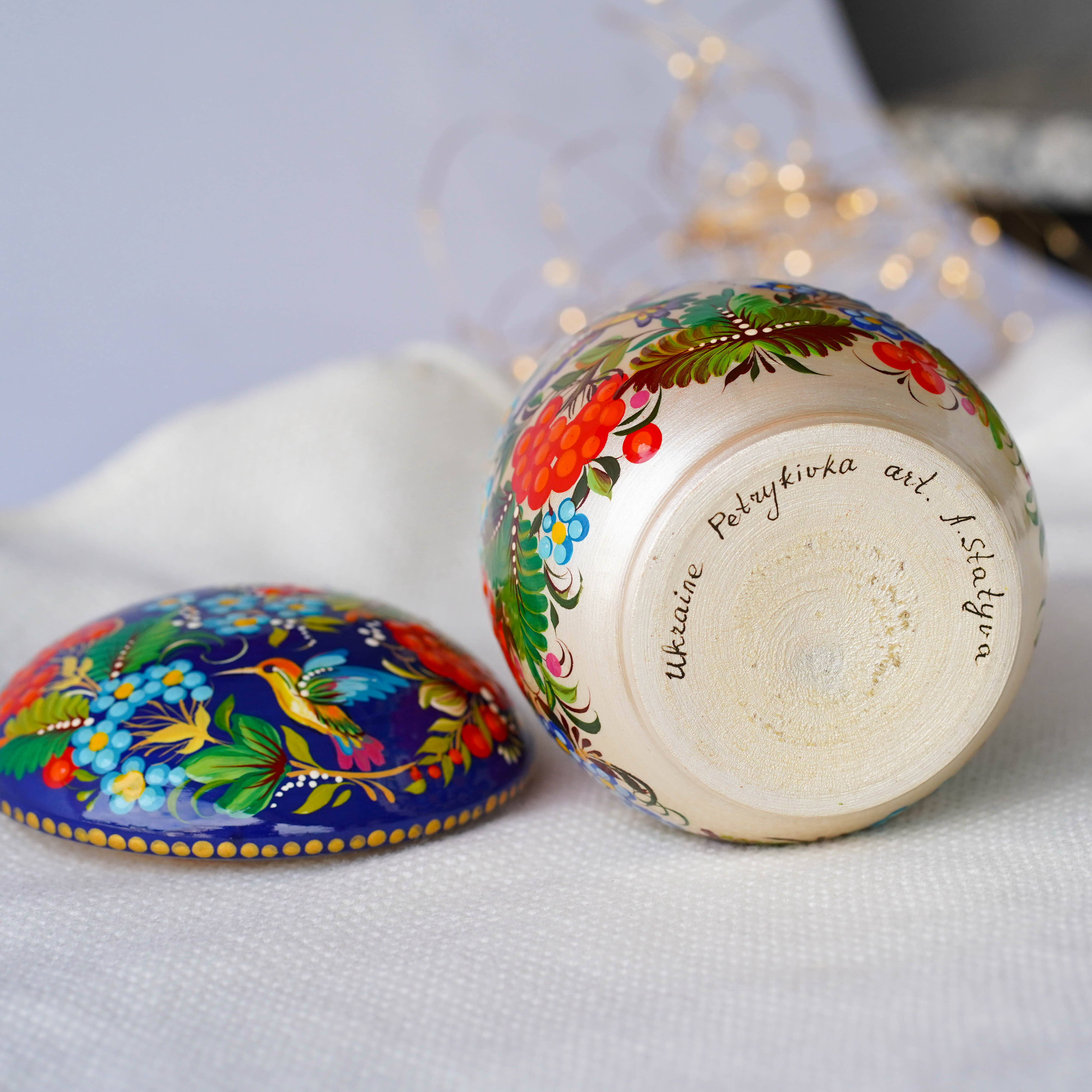 Painted Wooden Jar with Lid - Artisanal Mushroom-shaped Hummingbird Kitchen Canister, Petrykivka Art