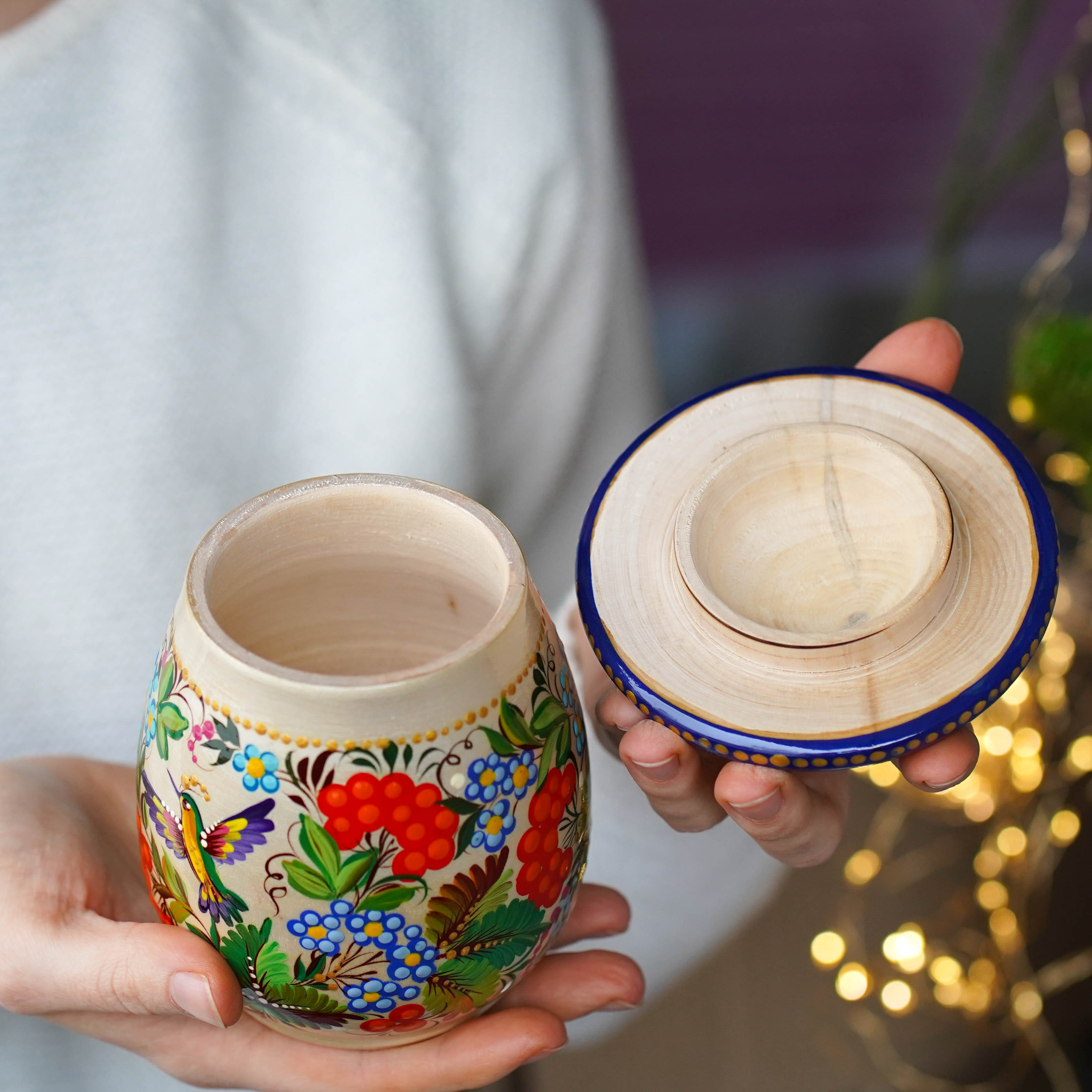 Painted Wooden Jar with Lid - Artisanal Mushroom-shaped Hummingbird Kitchen Canister, Petrykivka Art