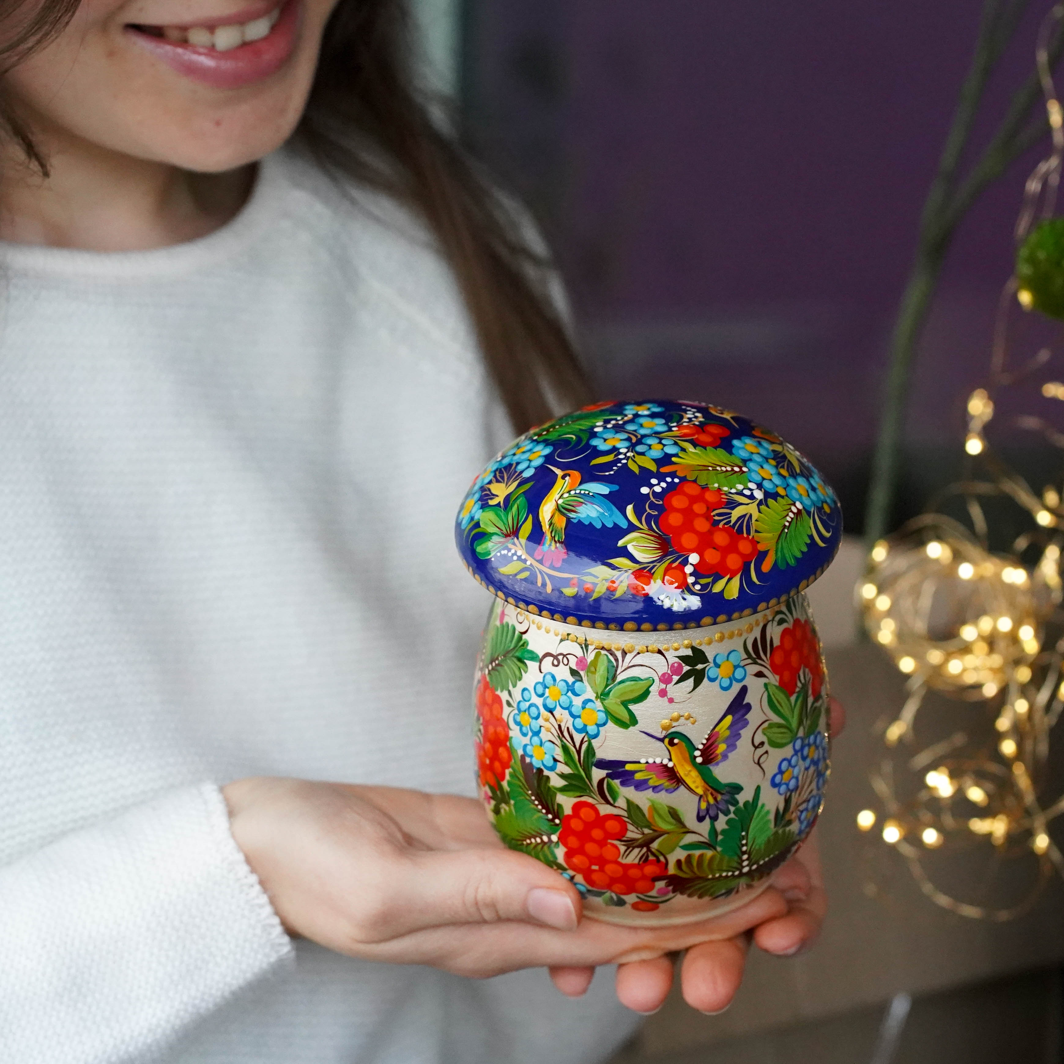 Painted Wooden Jar with Lid - Artisanal Mushroom-shaped Hummingbird Kitchen Canister, Petrykivka Art