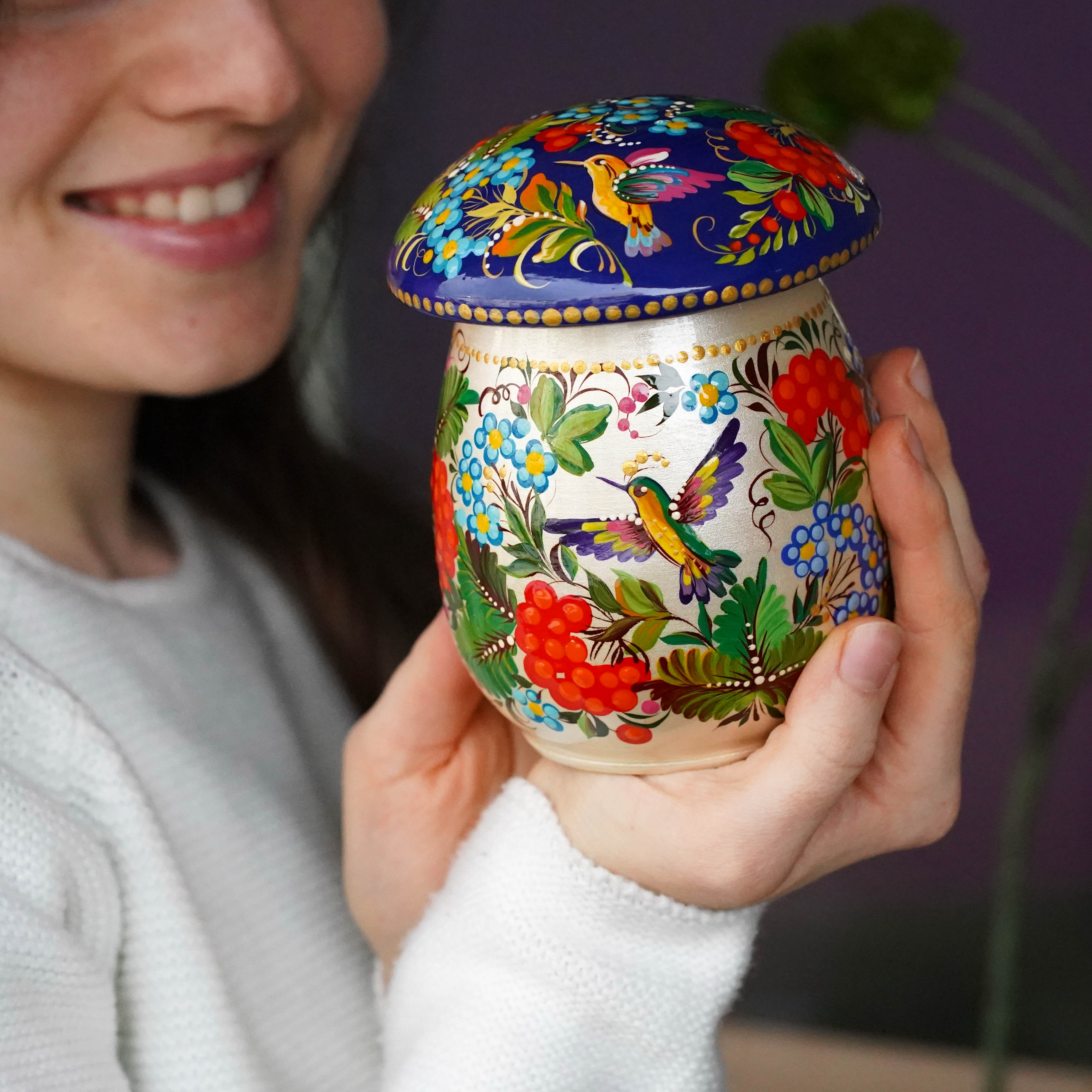 Painted Wooden Jar with Lid - Artisanal Mushroom-shaped Hummingbird Kitchen Canister, Petrykivka Art