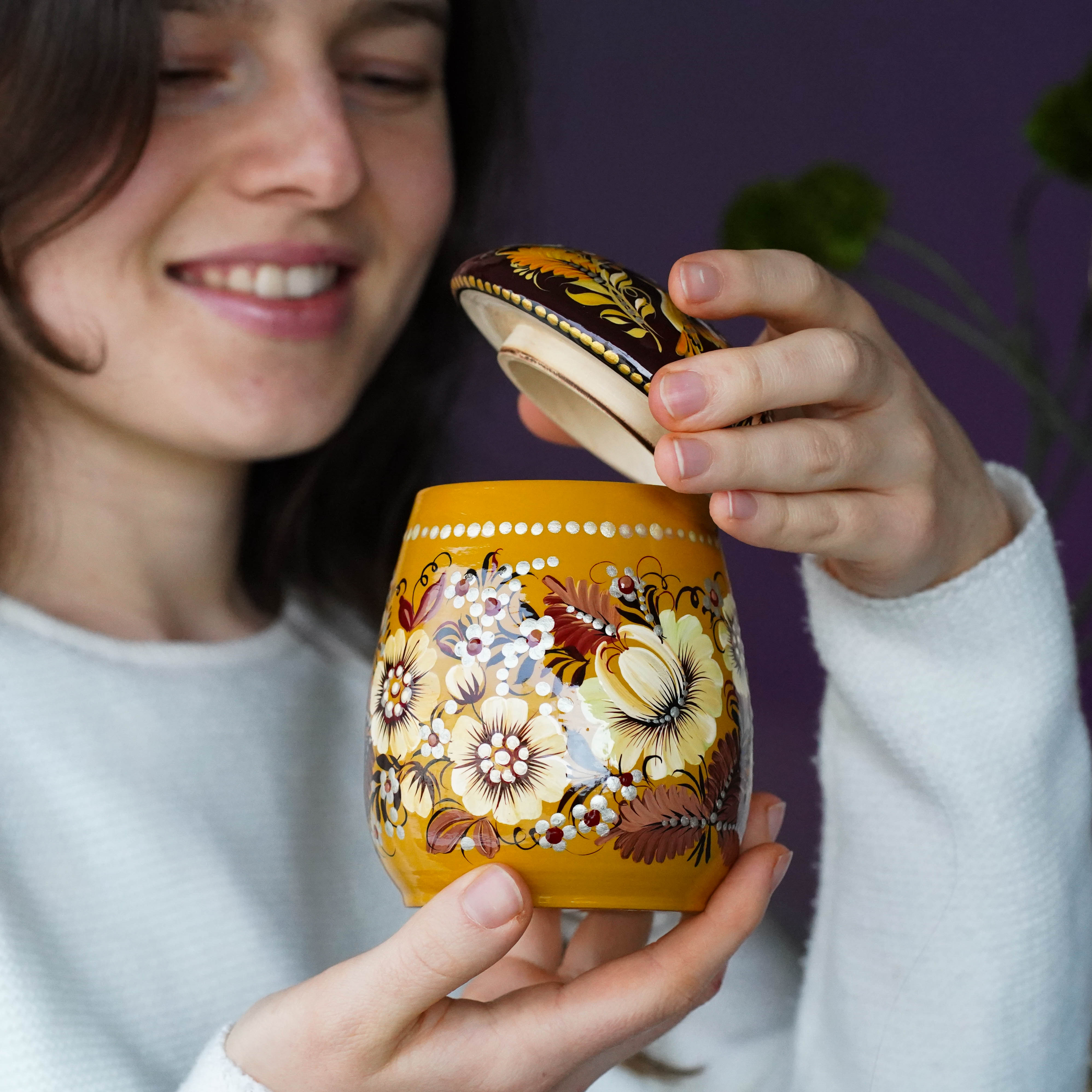 Painted Wooden Jar with Lid - Beige Flower Mushroom-shaped Hummingbird Kitchen Canister, Petrykivka Art