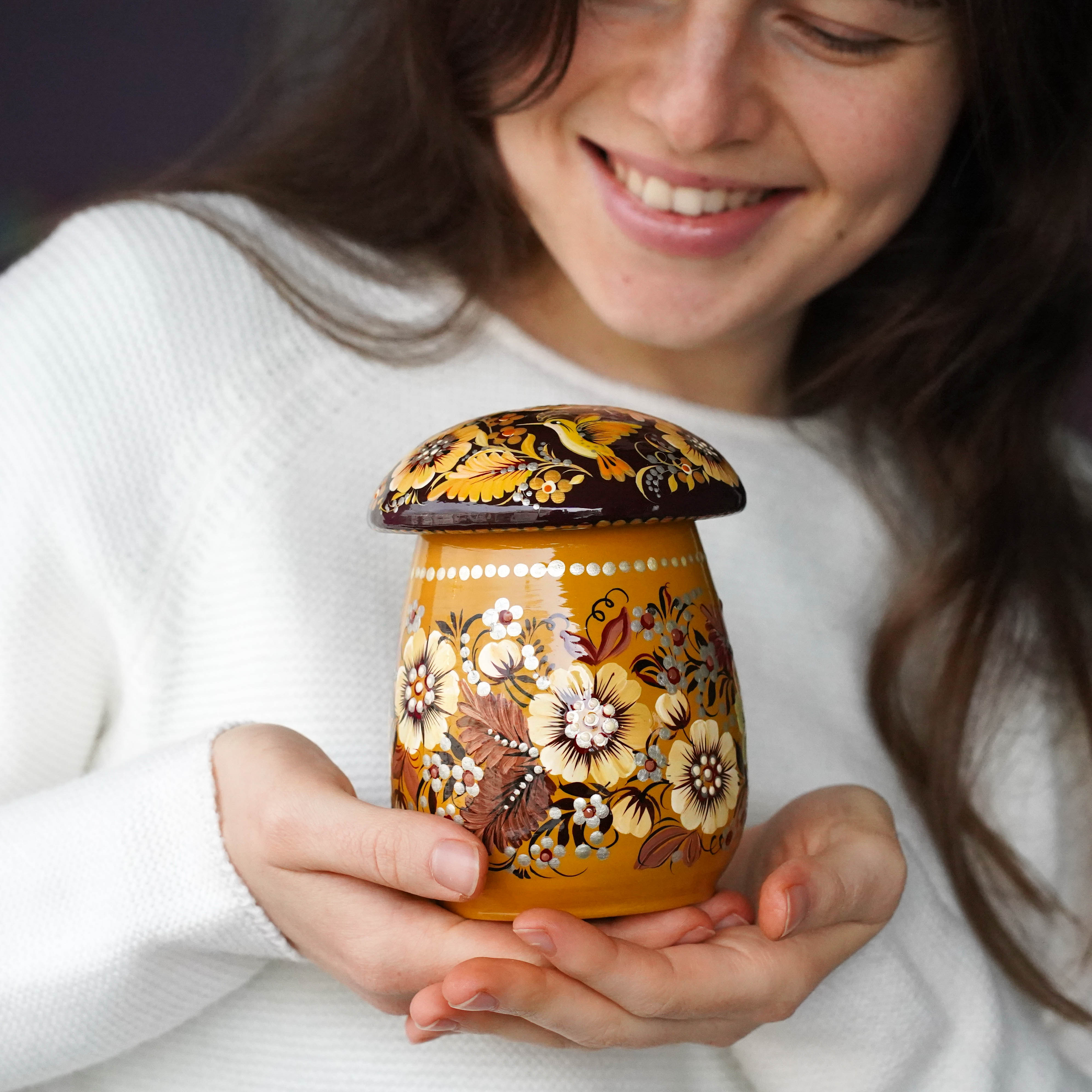 Painted Wooden Jar with Lid - Beige Flower Mushroom-shaped Hummingbird Kitchen Canister, Petrykivka Art