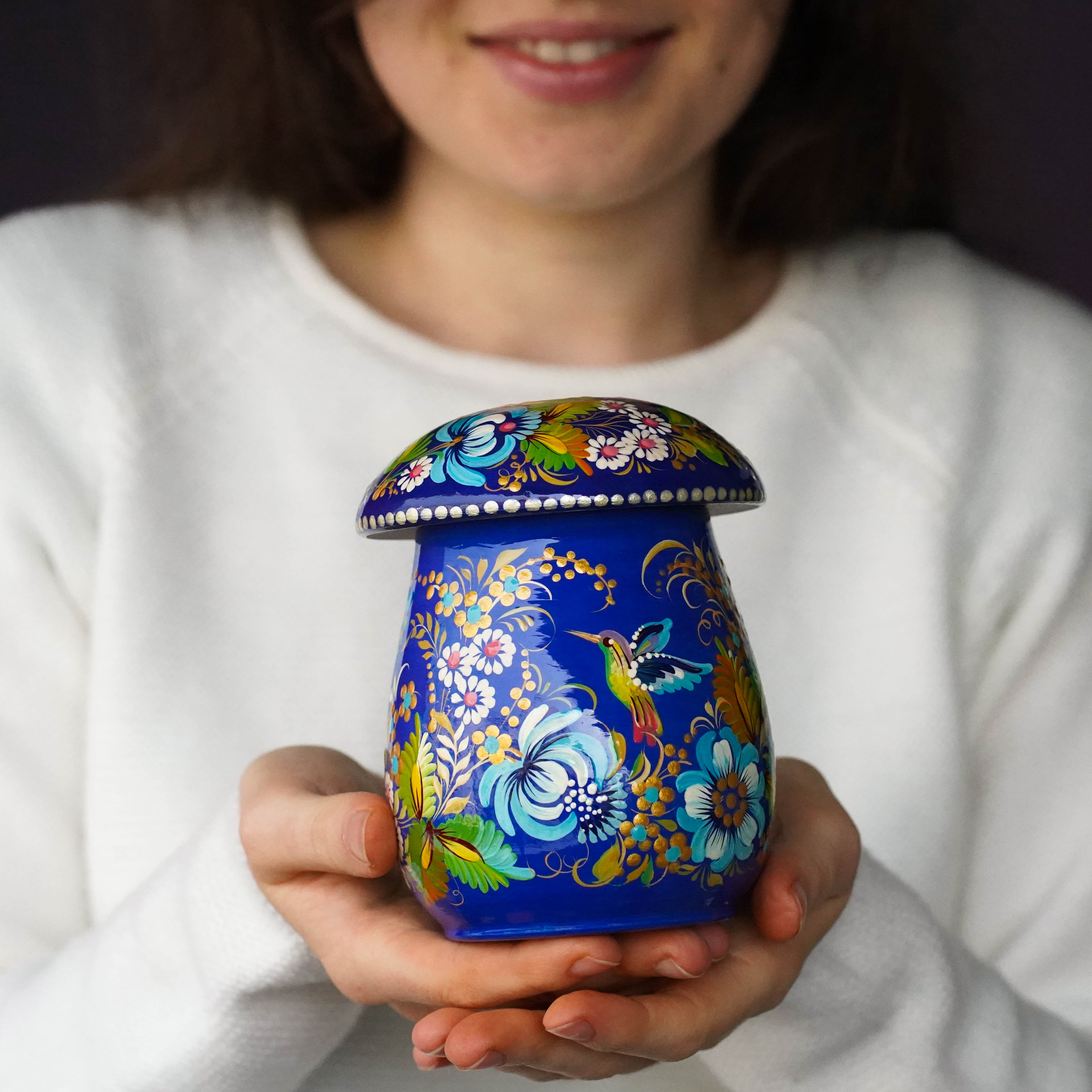 Painted Wooden Jar with Lid - Blue Floral Mushroom-shaped Hummingbird Kitchen Canister, Petrykivka Art