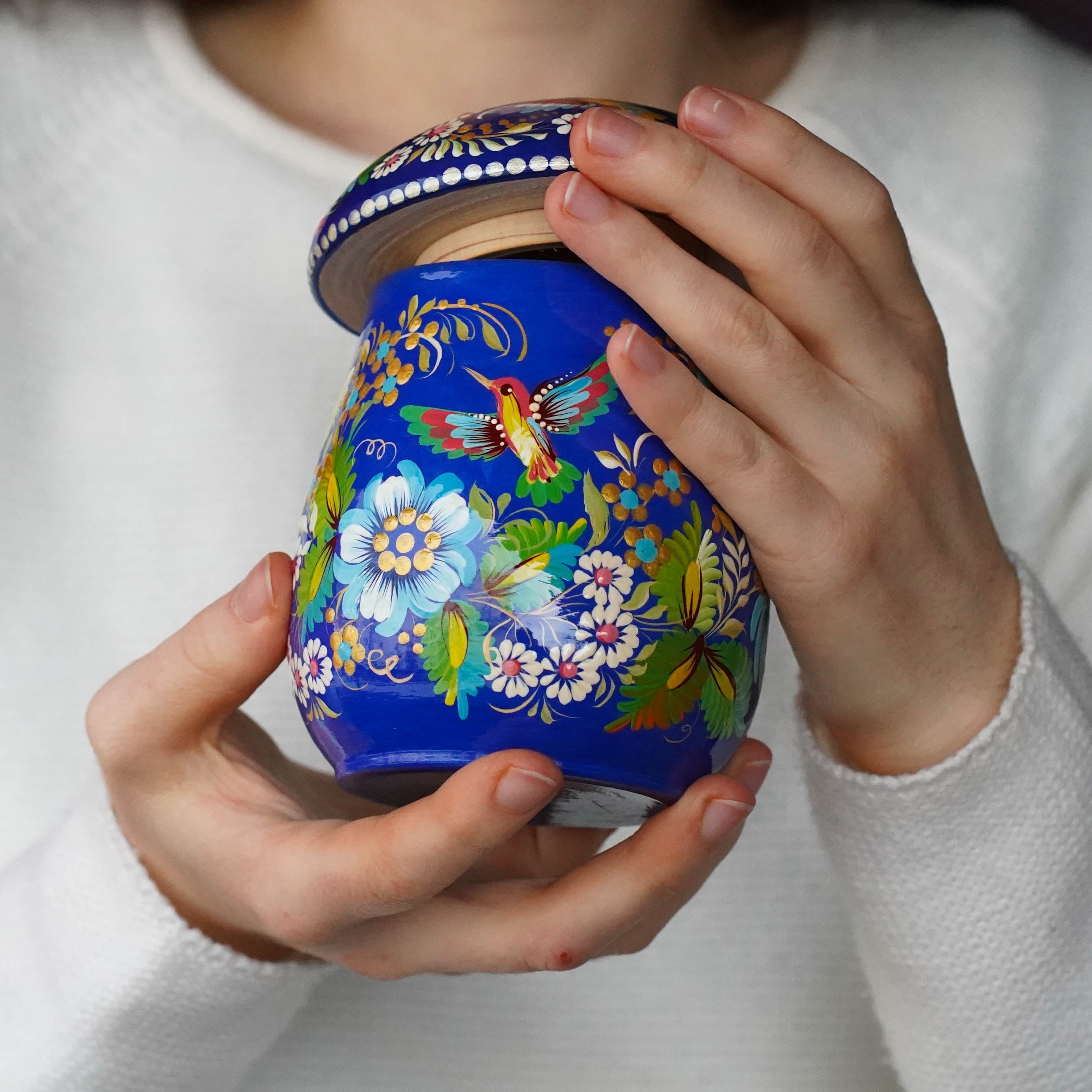 Painted Wooden Hummingbird Jewelry Box 5.1 in, Mushroom-shaped - Petrykivka Art Blue Flower Trinket Box