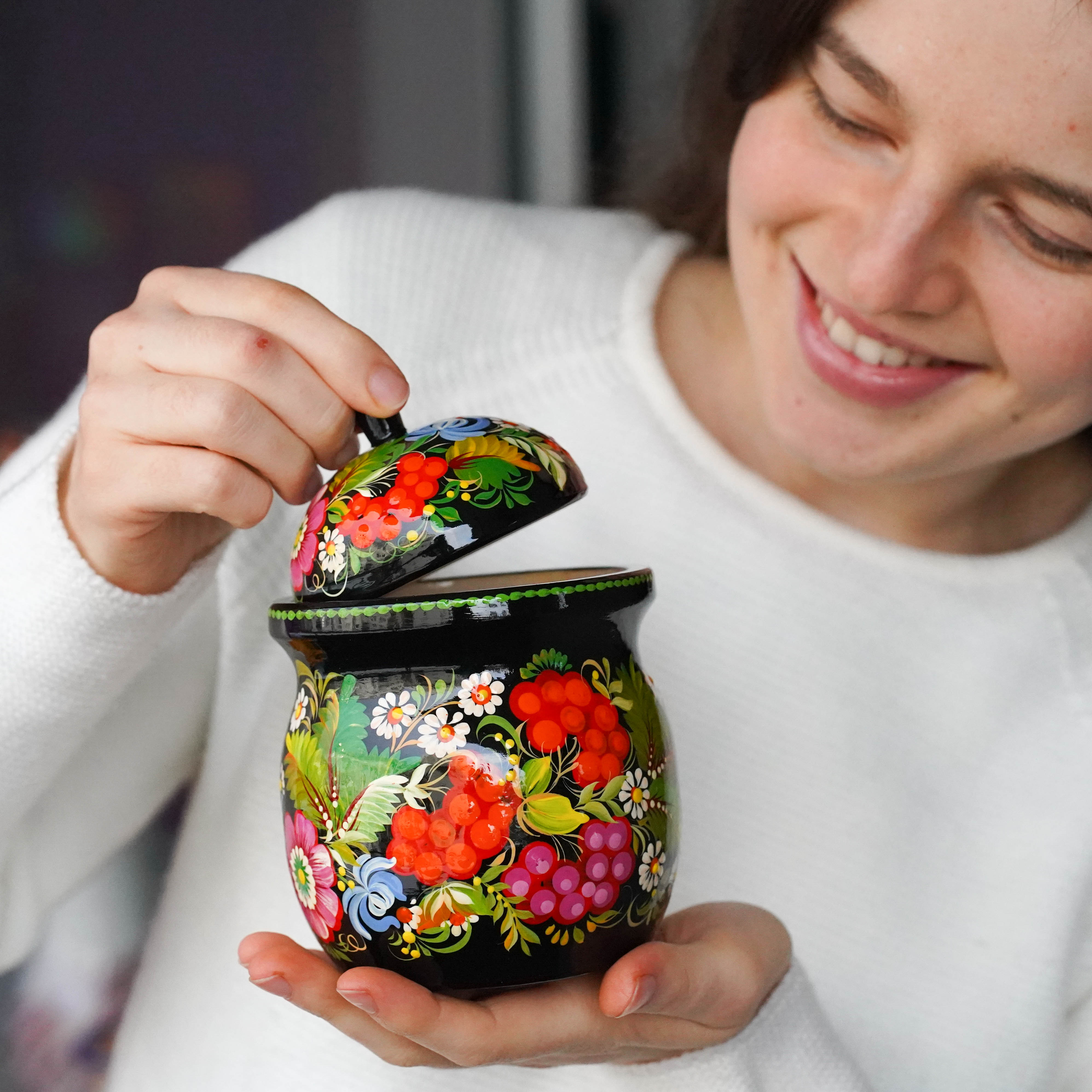 Painted Wooden Jar with Lid - Artisanal Red Flower Kitchen Canister, Petrykivka Art