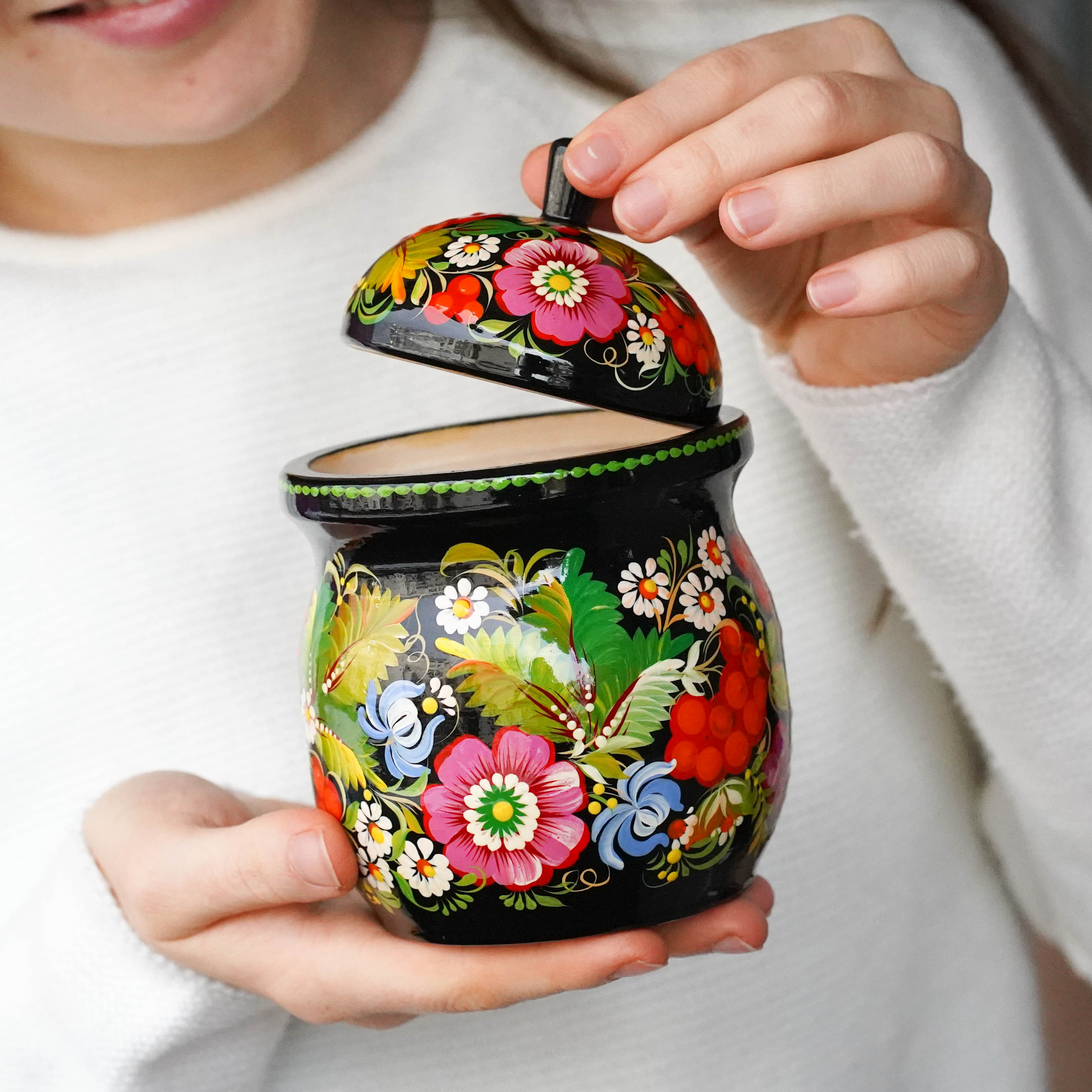 Painted Wooden Jar with Lid - Artisanal Red Flower Kitchen Canister, Petrykivka Art