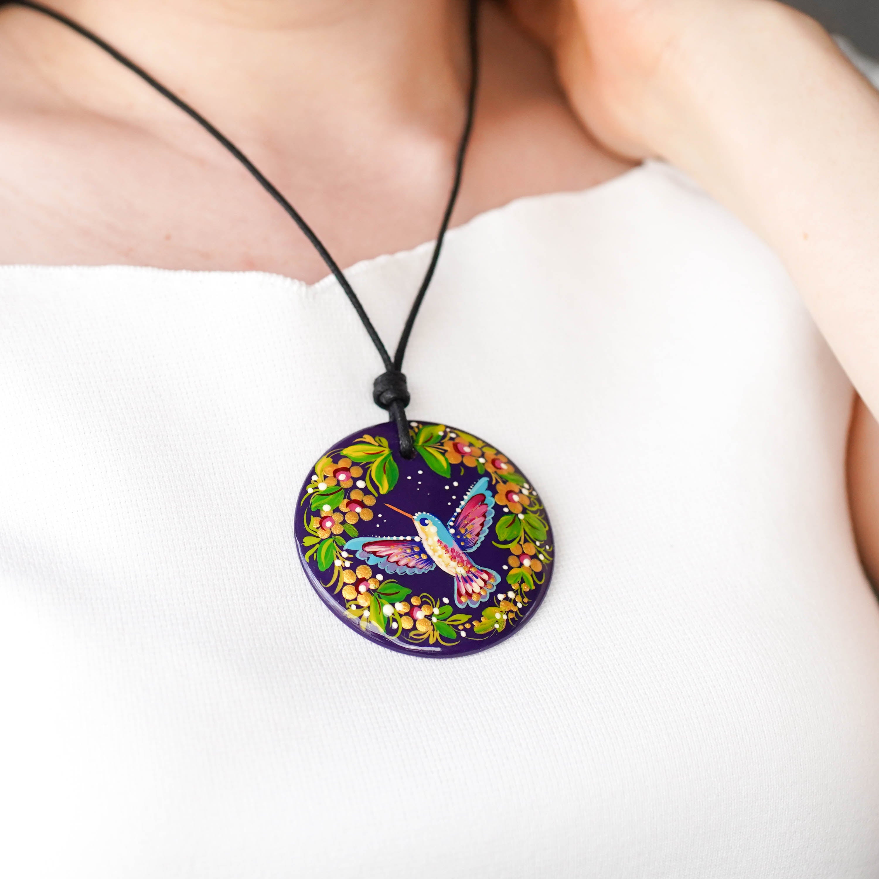 Painted Wooden Hummingbird Pendant Necklace - Artisanal Large Circle Statement Necklace, Purple