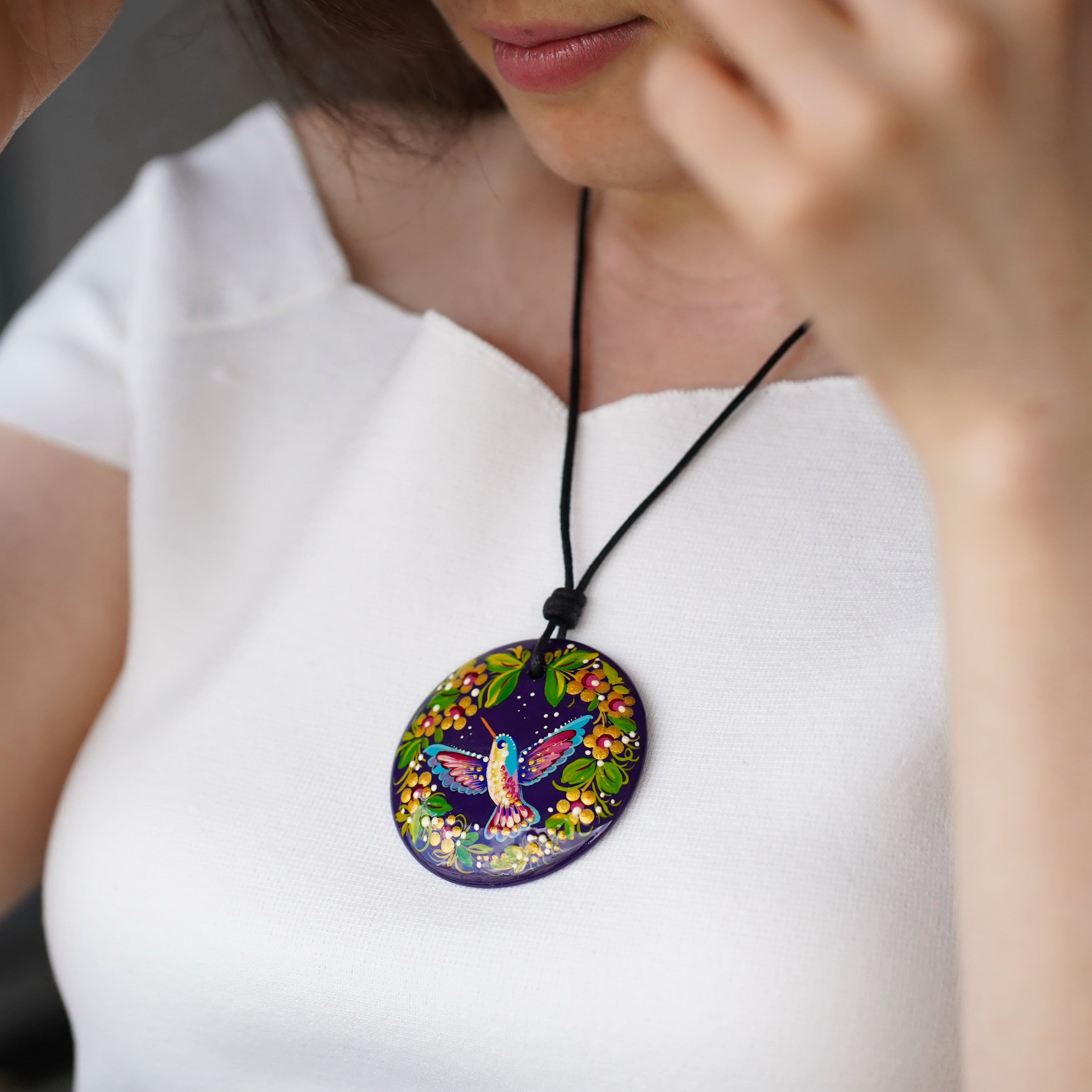 Painted Wooden Hummingbird Pendant Necklace - Artisanal Large Circle Statement Necklace, Purple