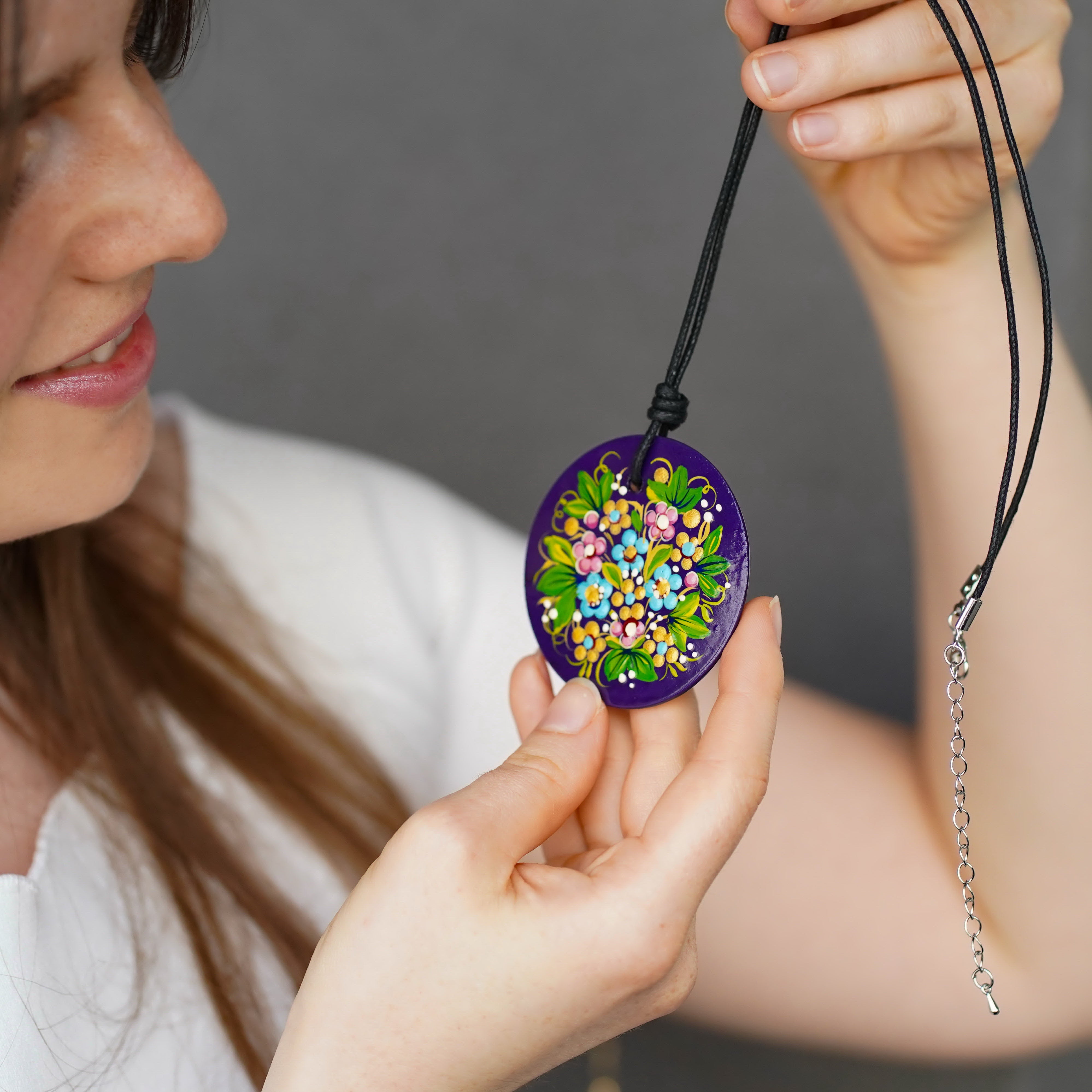 Painted Wooden Hummingbird Pendant Necklace - Artisanal Large Circle Statement Necklace, Purple