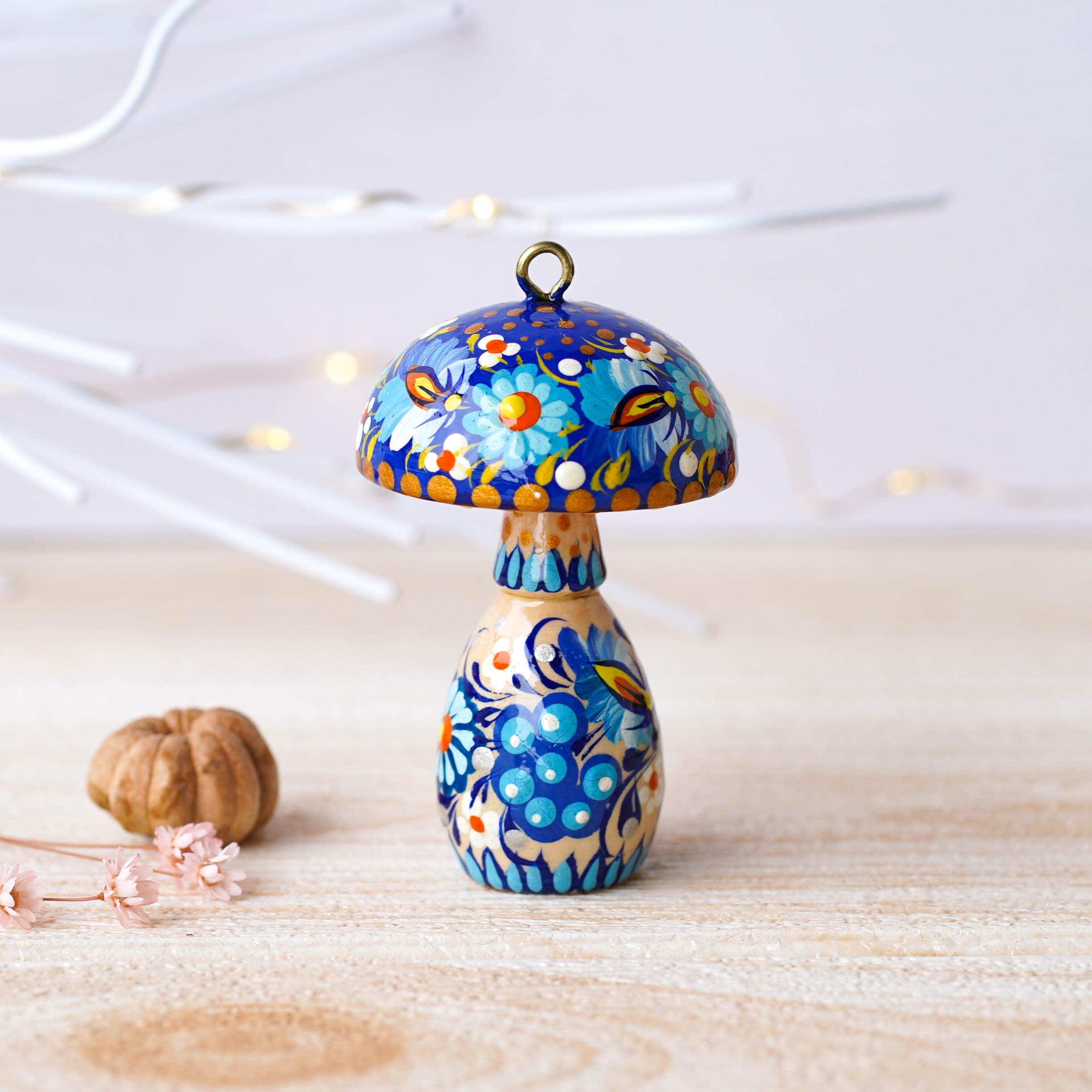 Hand-painted Wooden Mushroom Christmas Ornament - Artisanal Christmas Tree Decoration, Petrykivka Art