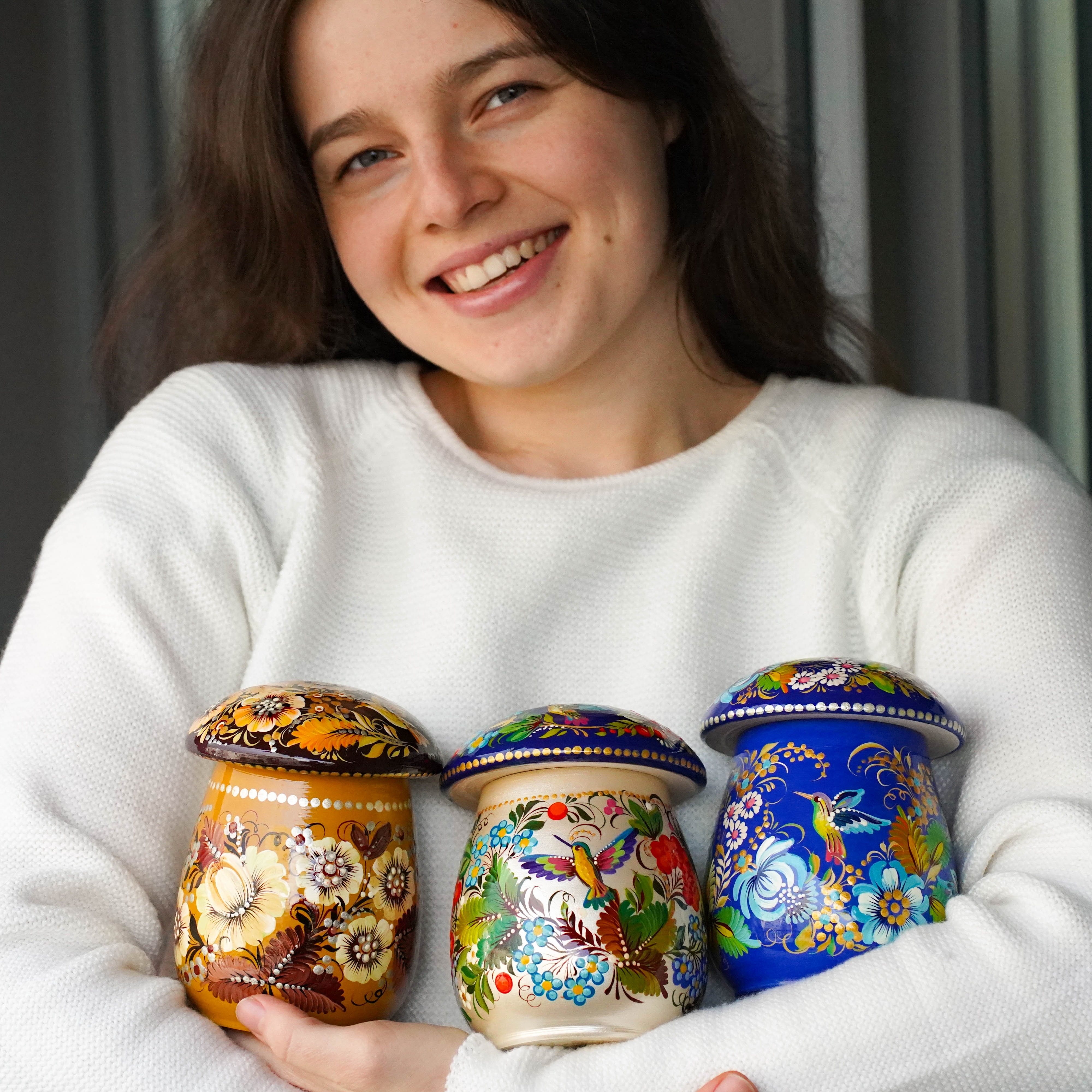 Painted Wooden Jar with Lid - Blue Floral Mushroom-shaped Hummingbird Kitchen Canister, Petrykivka Art