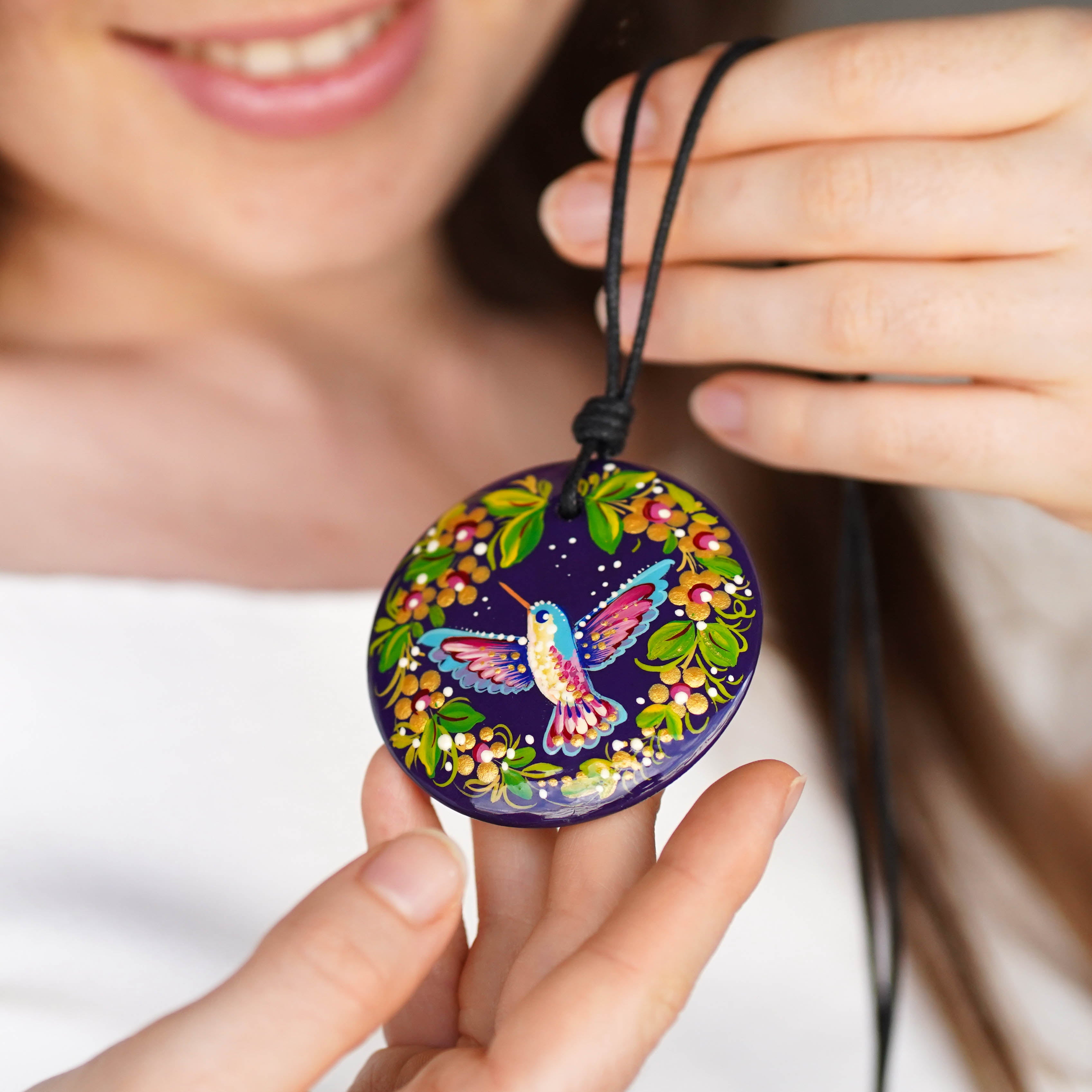 Painted Wooden Hummingbird Pendant Necklace - Artisanal Large Circle Statement Necklace, Purple