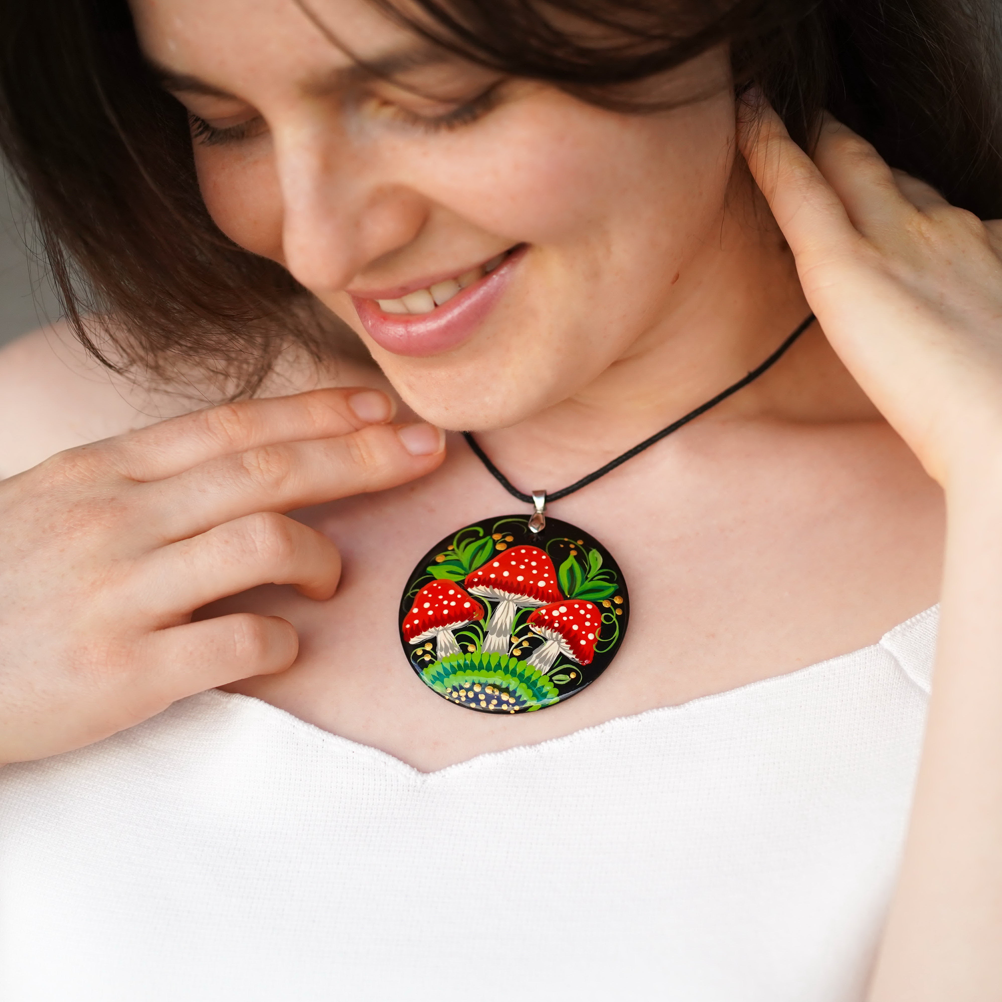 Hand-painted Wooden Mushroom Pendant Necklace - Artisanal Large Circle Statement Necklace