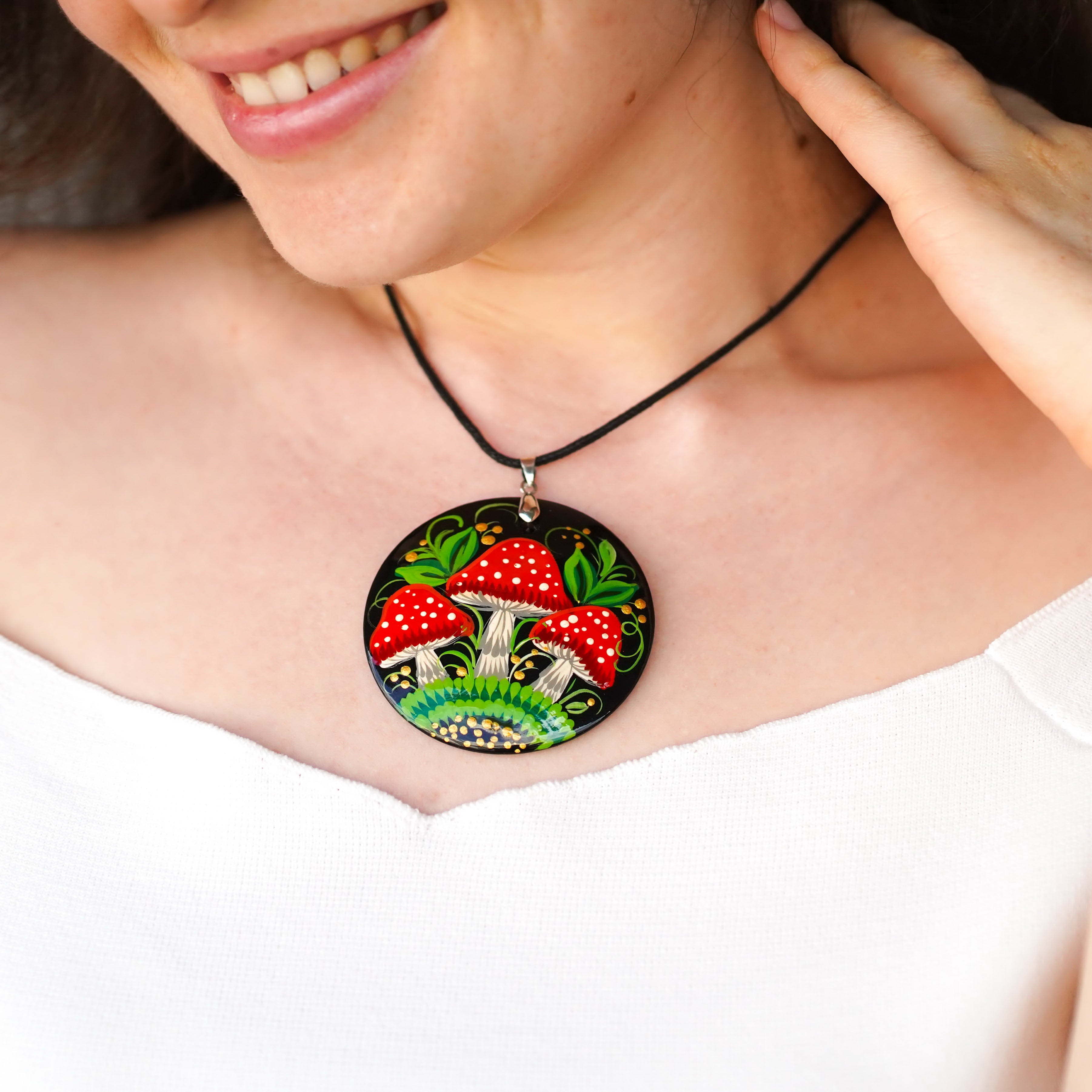 Hand-painted Wooden Mushroom Pendant Necklace - Artisanal Large Circle Statement Necklace