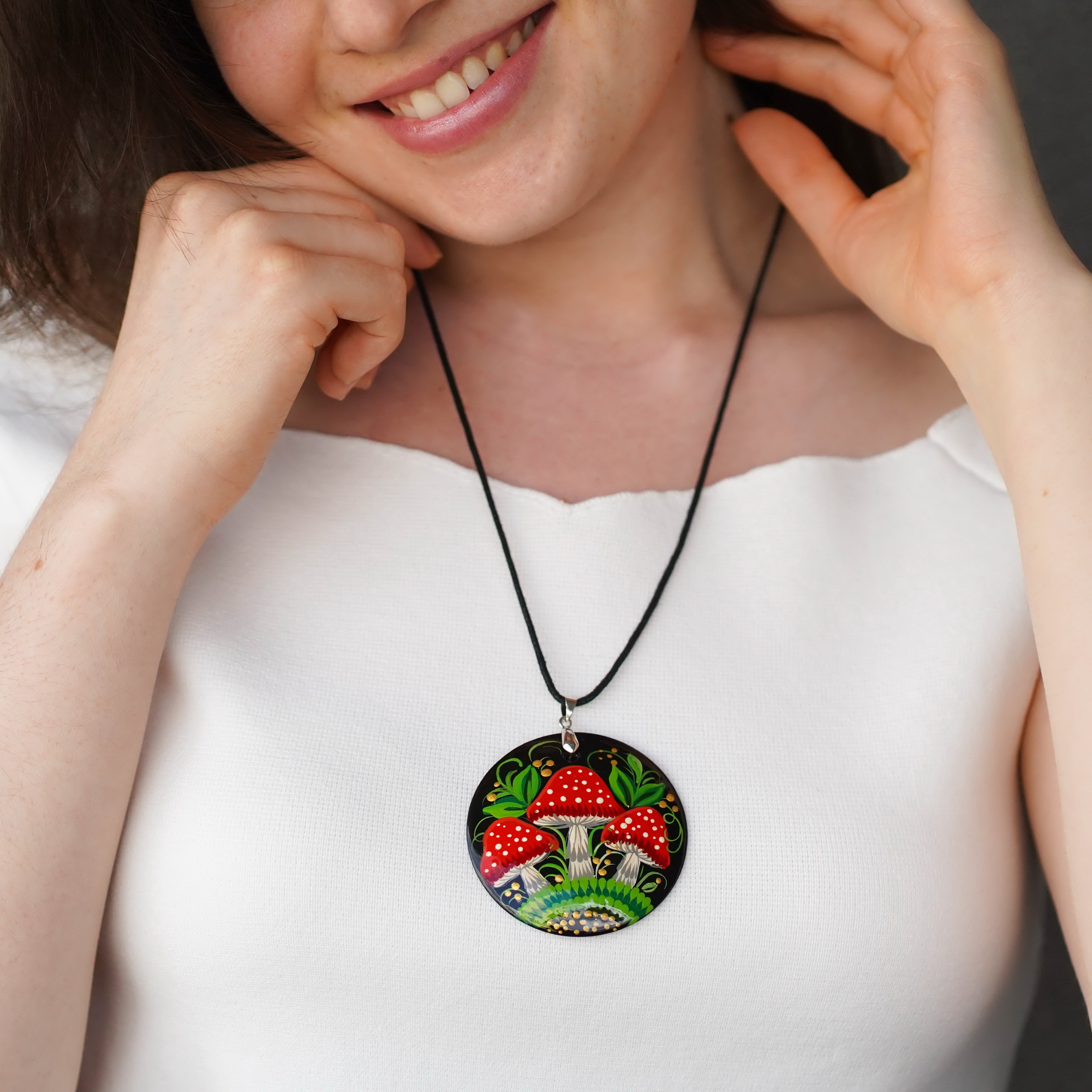 Hand-painted Wooden Mushroom Pendant Necklace - Artisanal Large Circle Statement Necklace