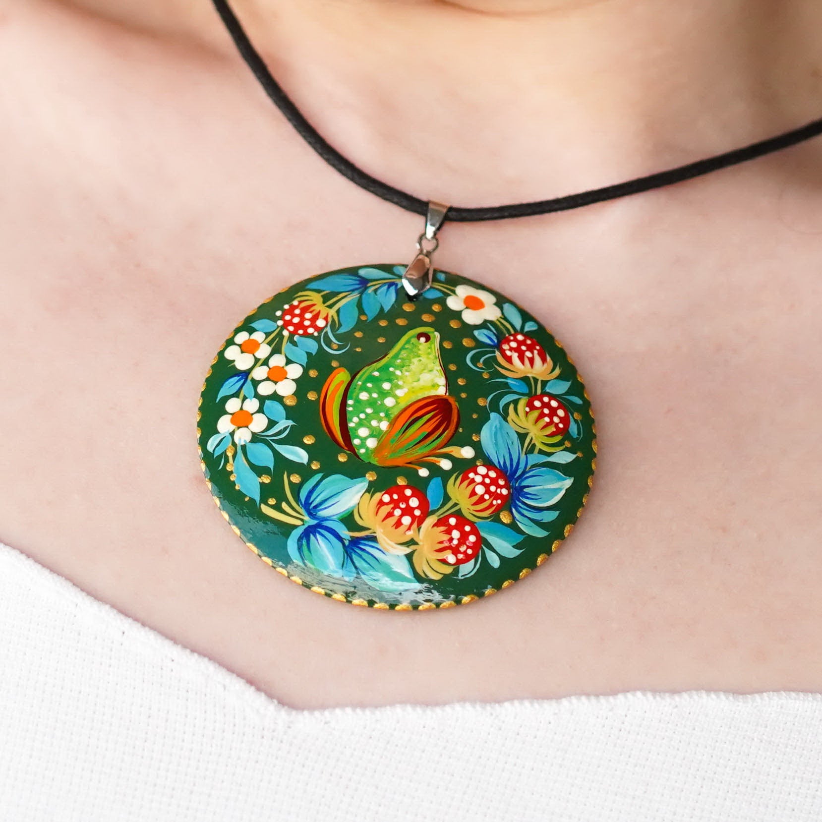 Painted Wooden Frog Pendant Necklace - Artisanal Large Circle Statement Necklace, Emerald Green