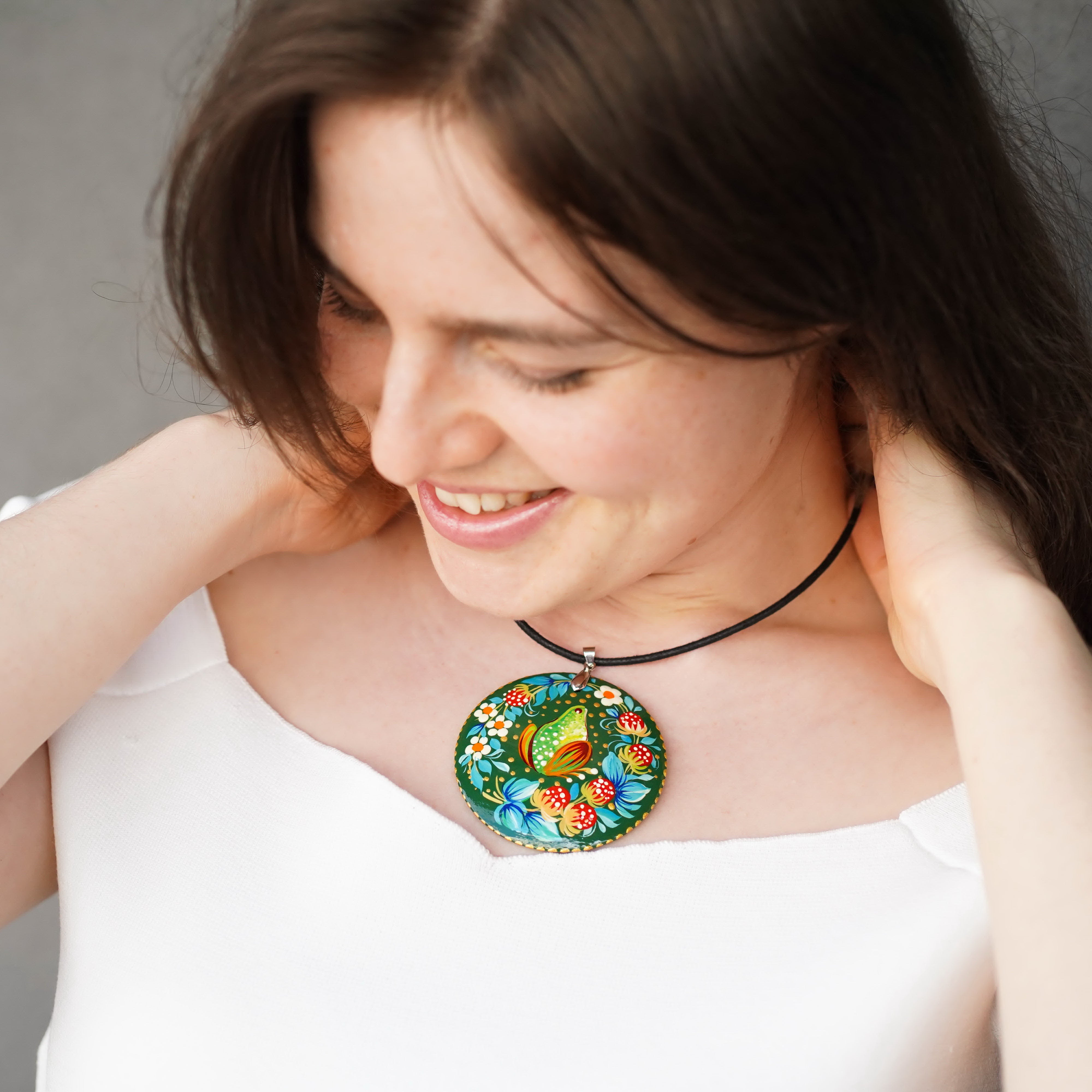 Painted Wooden Frog Pendant Necklace - Artisanal Large Circle Statement Necklace, Emerald Green