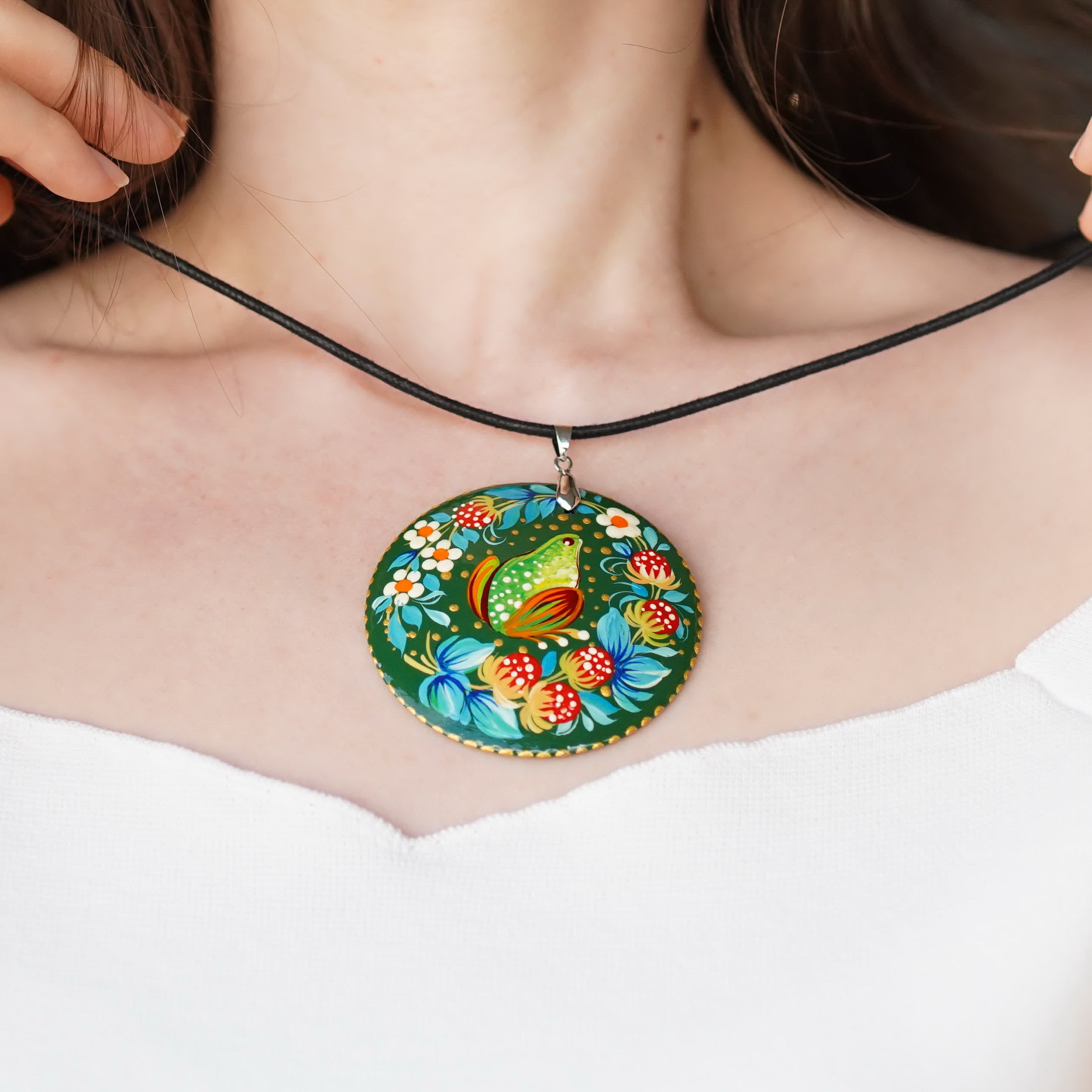 Painted Wooden Frog Pendant Necklace - Artisanal Large Circle Statement Necklace, Emerald Green