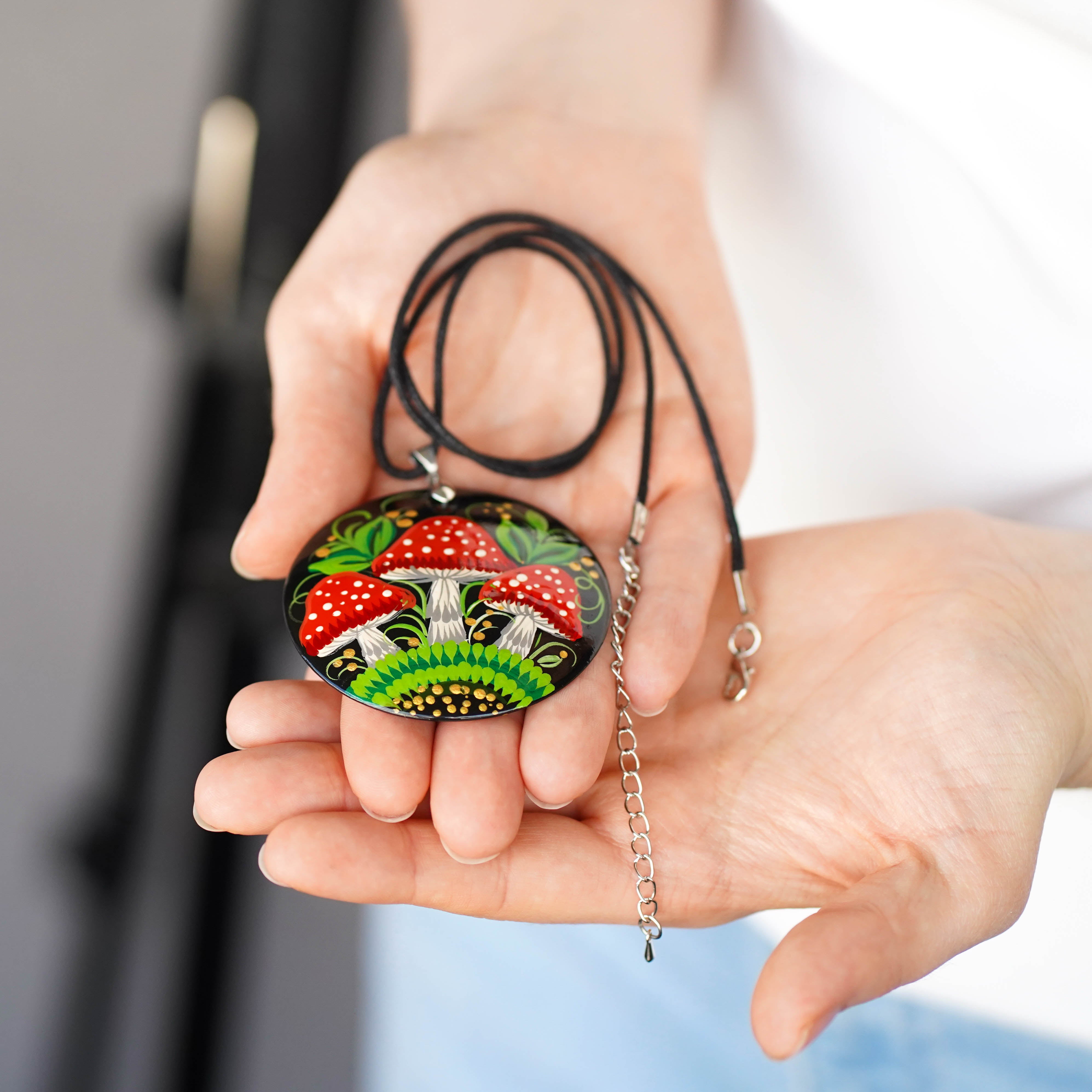 Hand-painted Wooden Mushroom Pendant Necklace - Artisanal Large Circle Statement Necklace