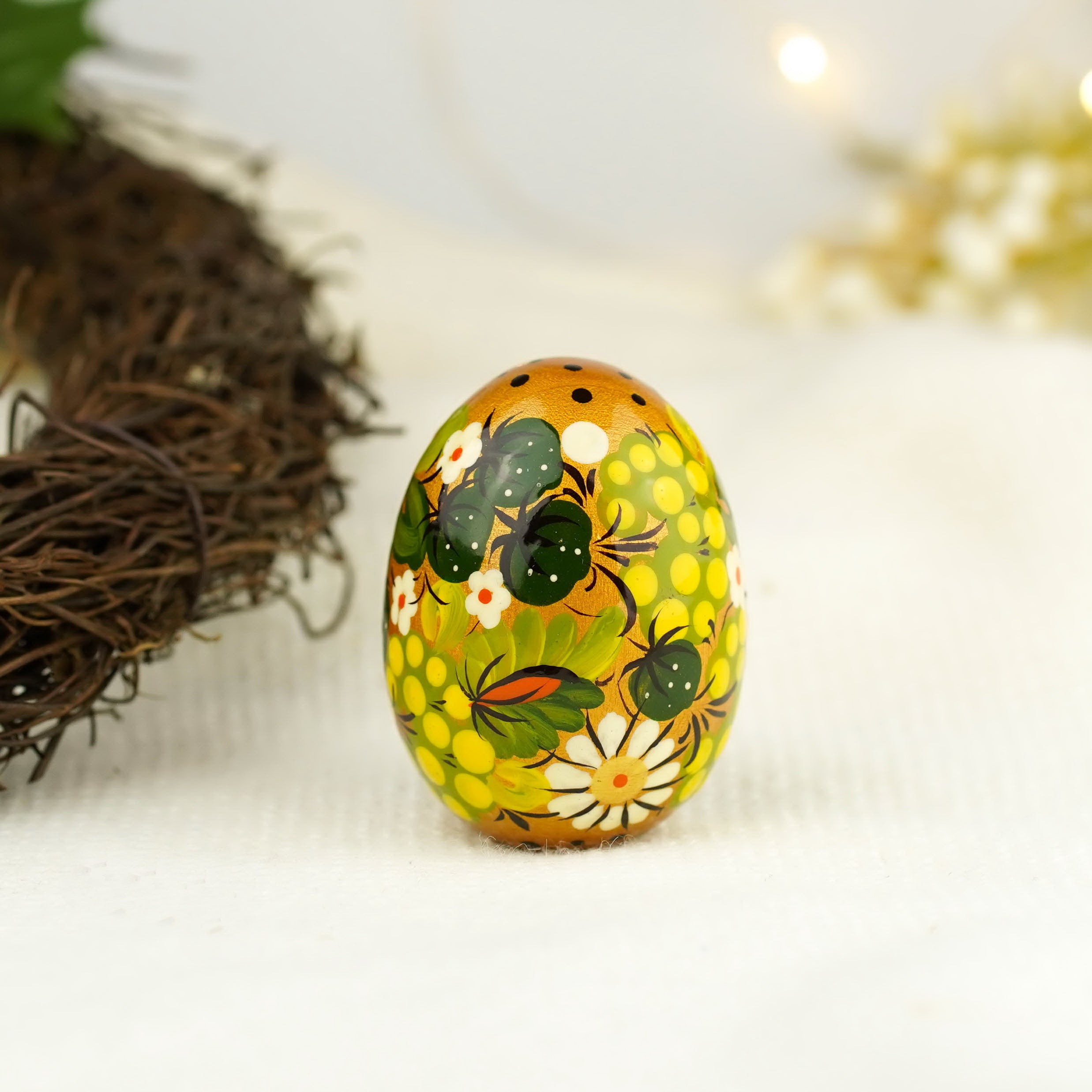 Hand-painted Green wooden Easter egg - Ukrainian pysanky egg