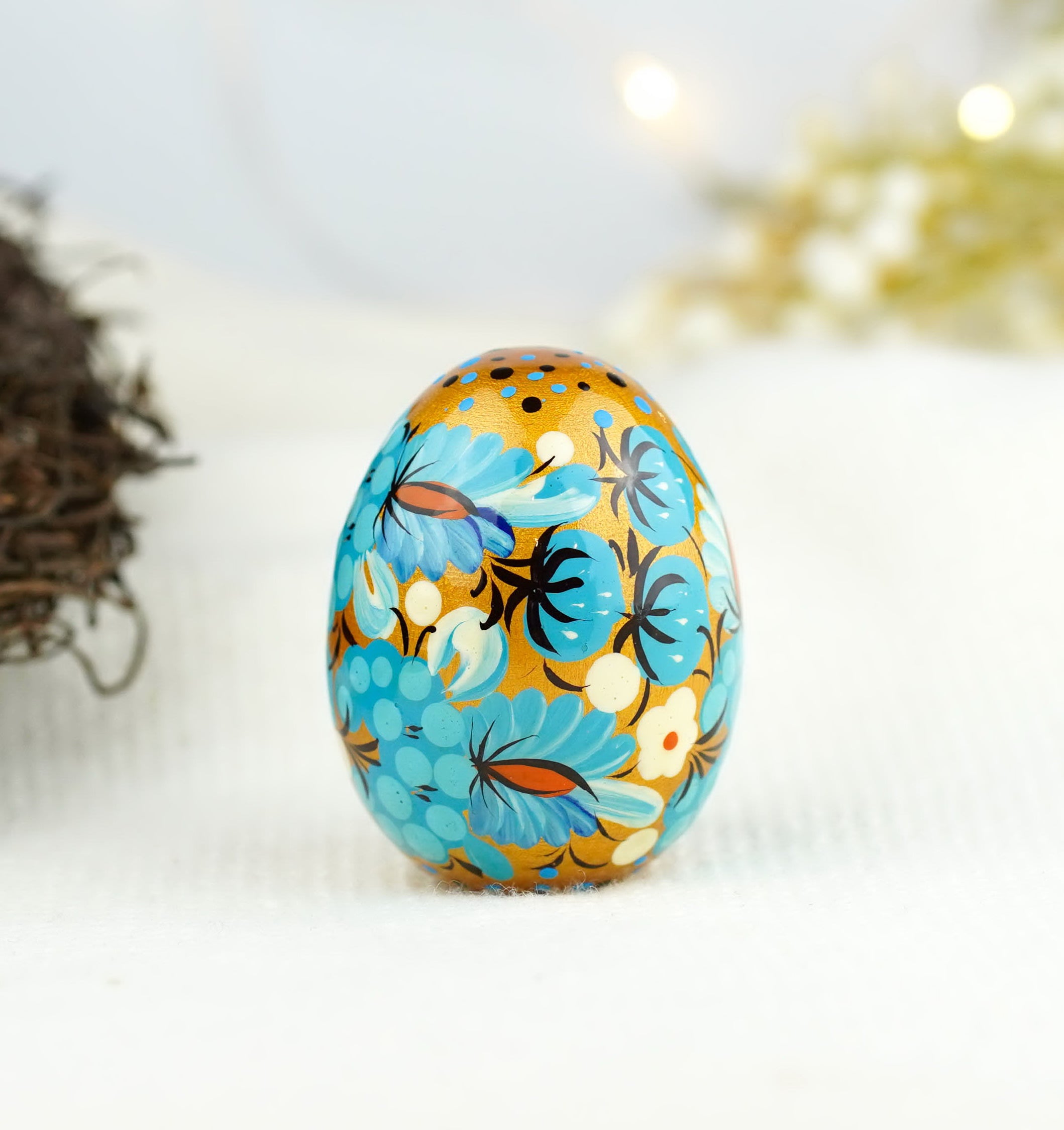 Hand-painted wooden Easter egg - Blue flower Petrykivka egg