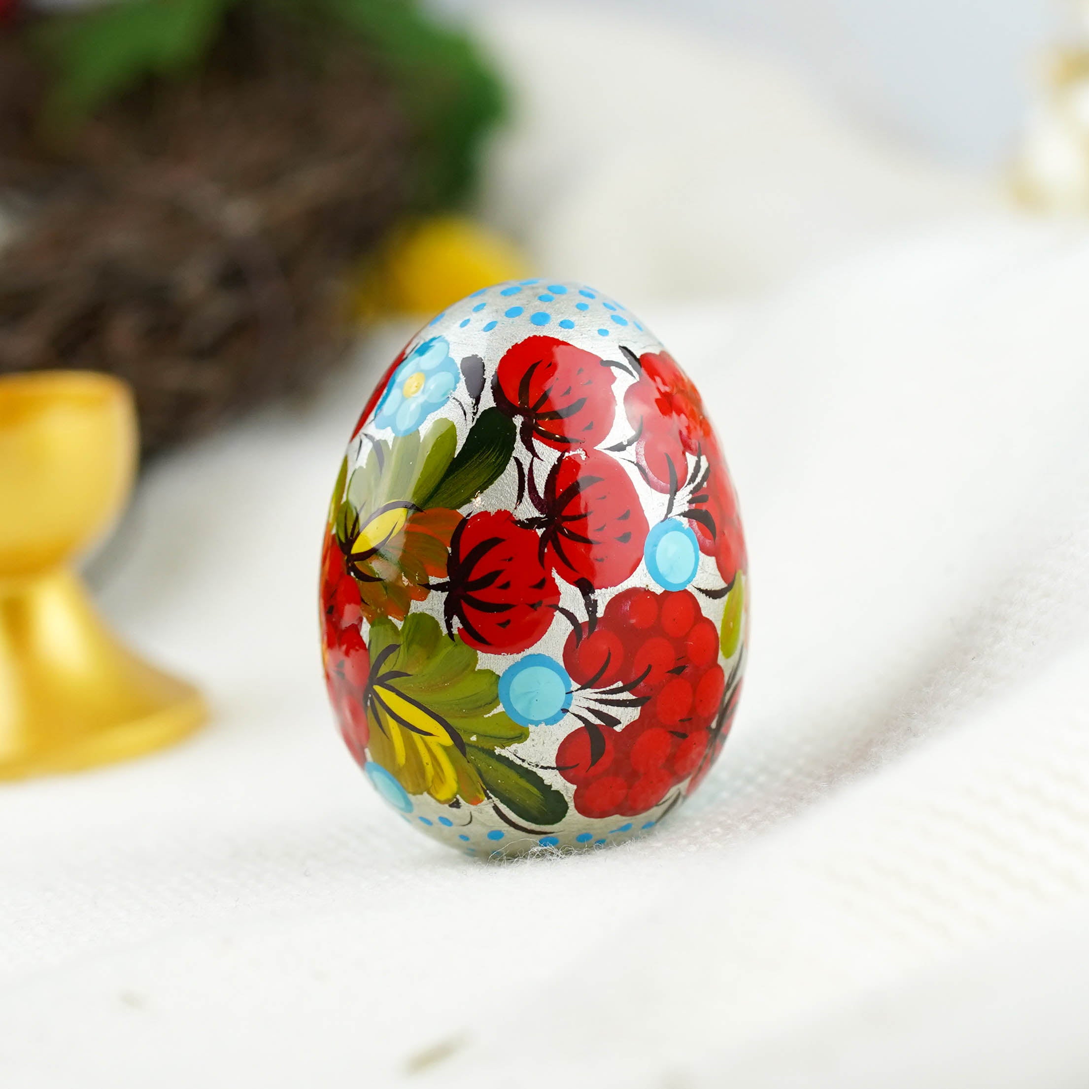 Painted Strawberry Easter egg - Handmade Ukrainian pysanky egg