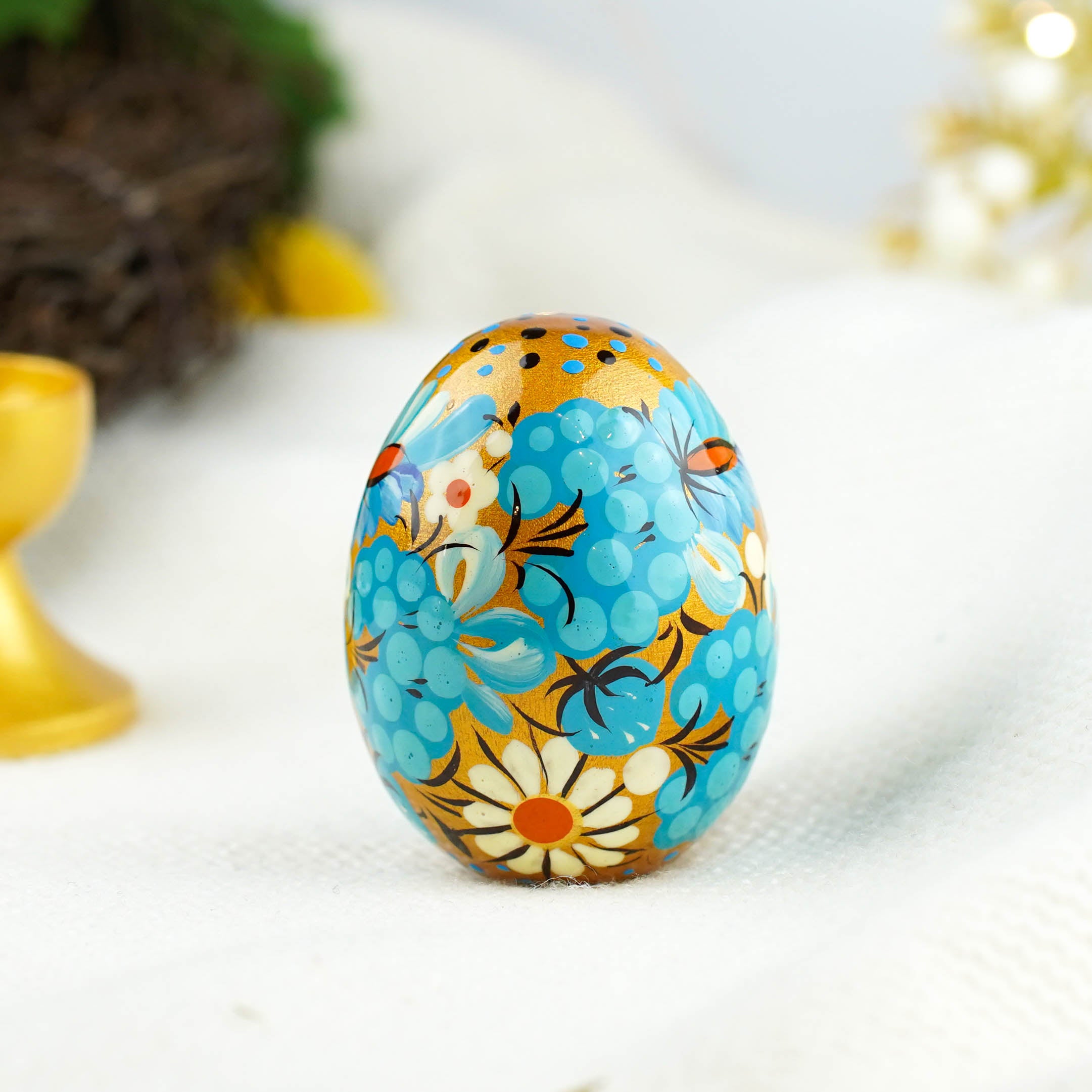 Hand-painted wooden Easter egg - Blue flower Petrykivka egg