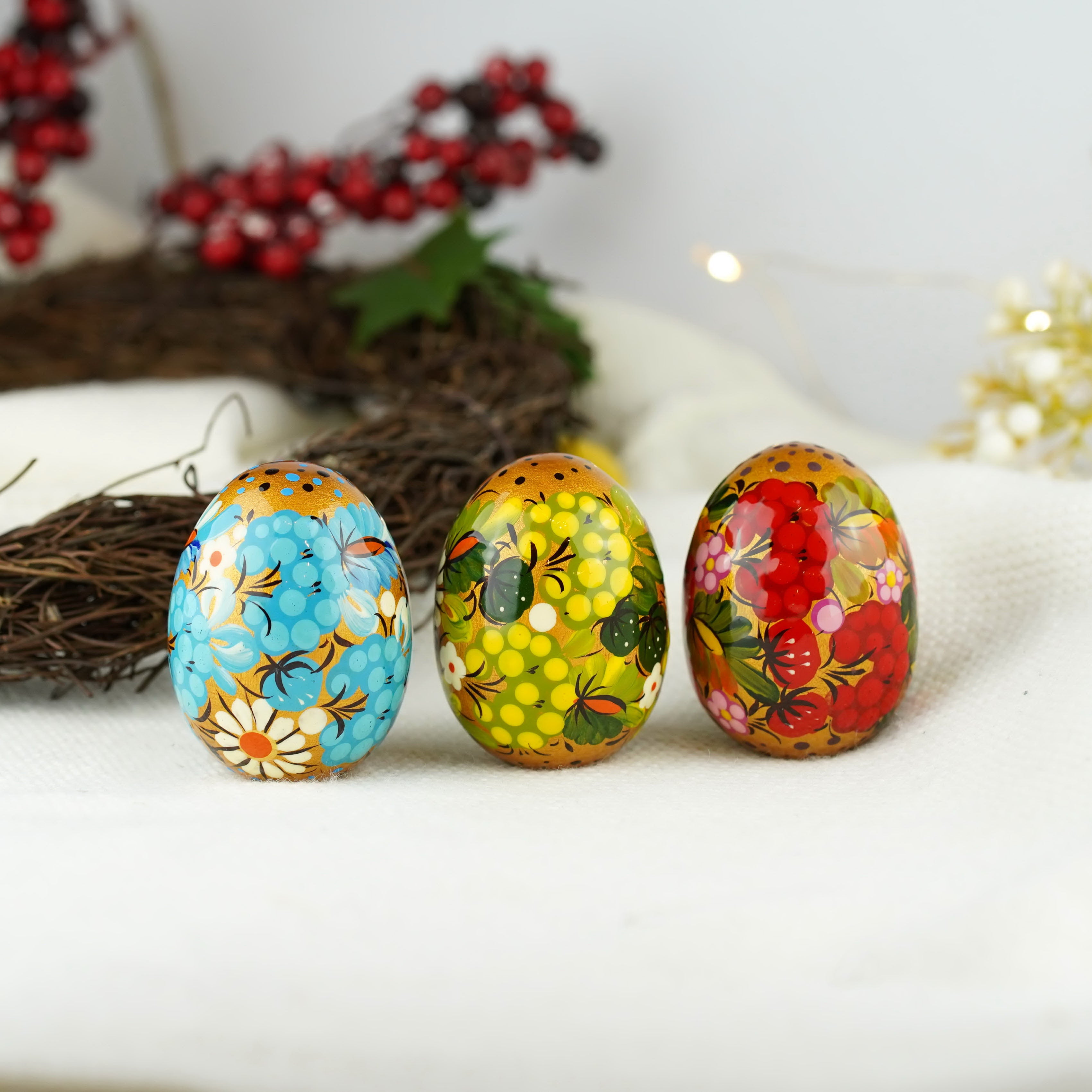 Hand-painted wooden Easter egg - Blue flower Petrykivka egg