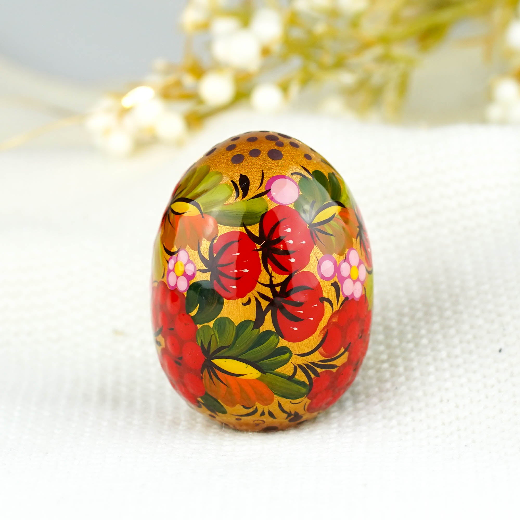 Hand-painted strawberry wooden Easter egg - Unique Petrykivka egg