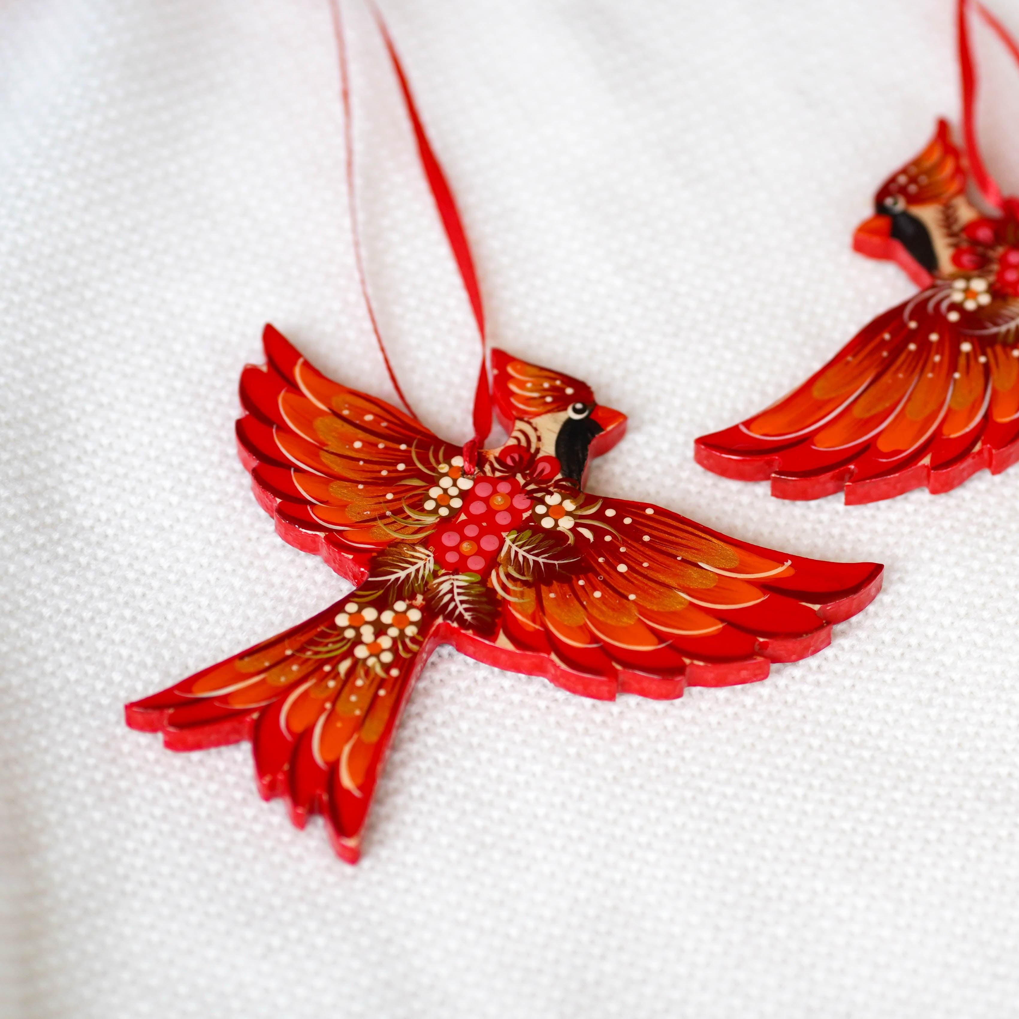 Handmade Wooden Cardinal Christmas Ornament - Artisanal Red Bird Christmas Tree Decoration, Petrykivka Art