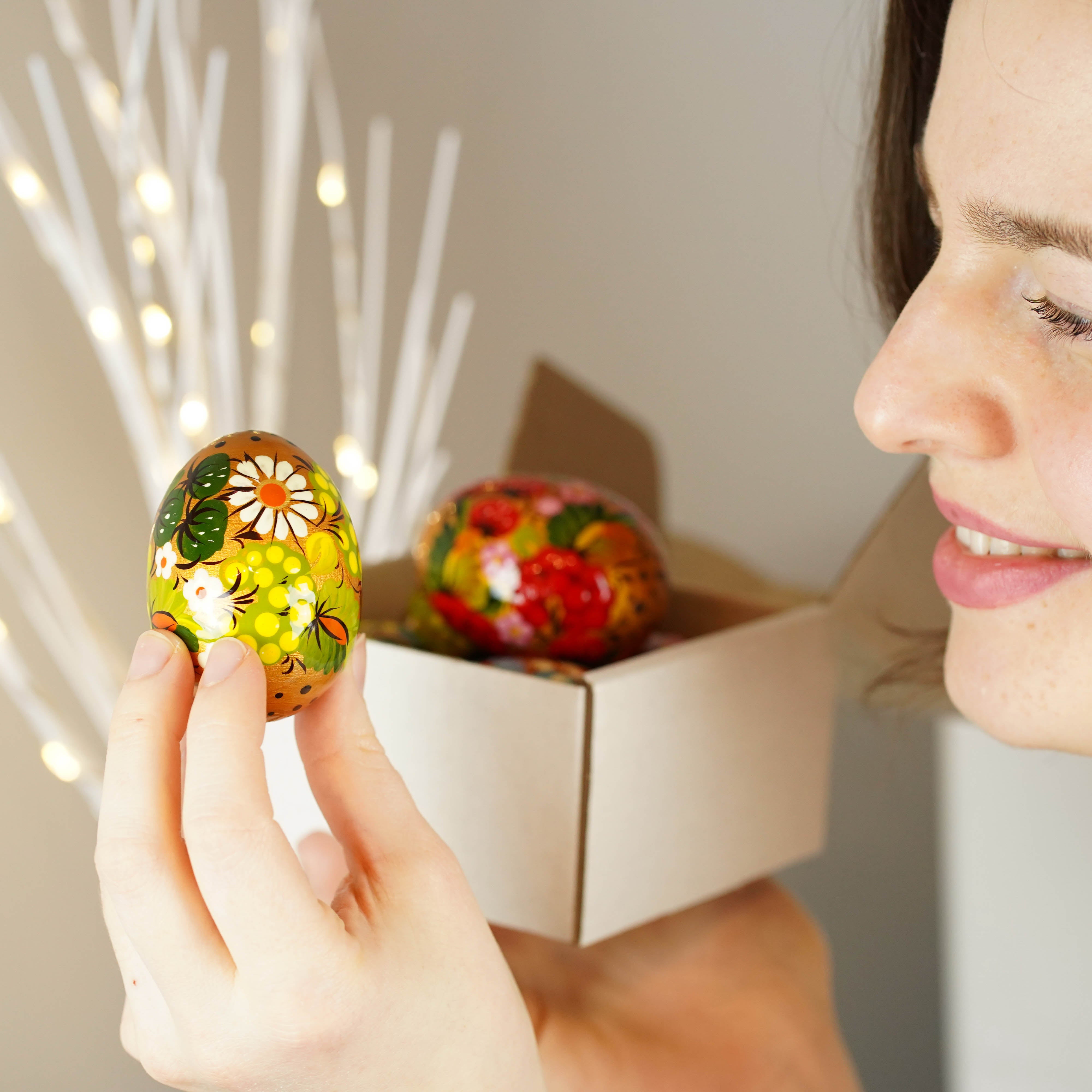 Hand-painted Green wooden Easter egg - Ukrainian pysanky egg