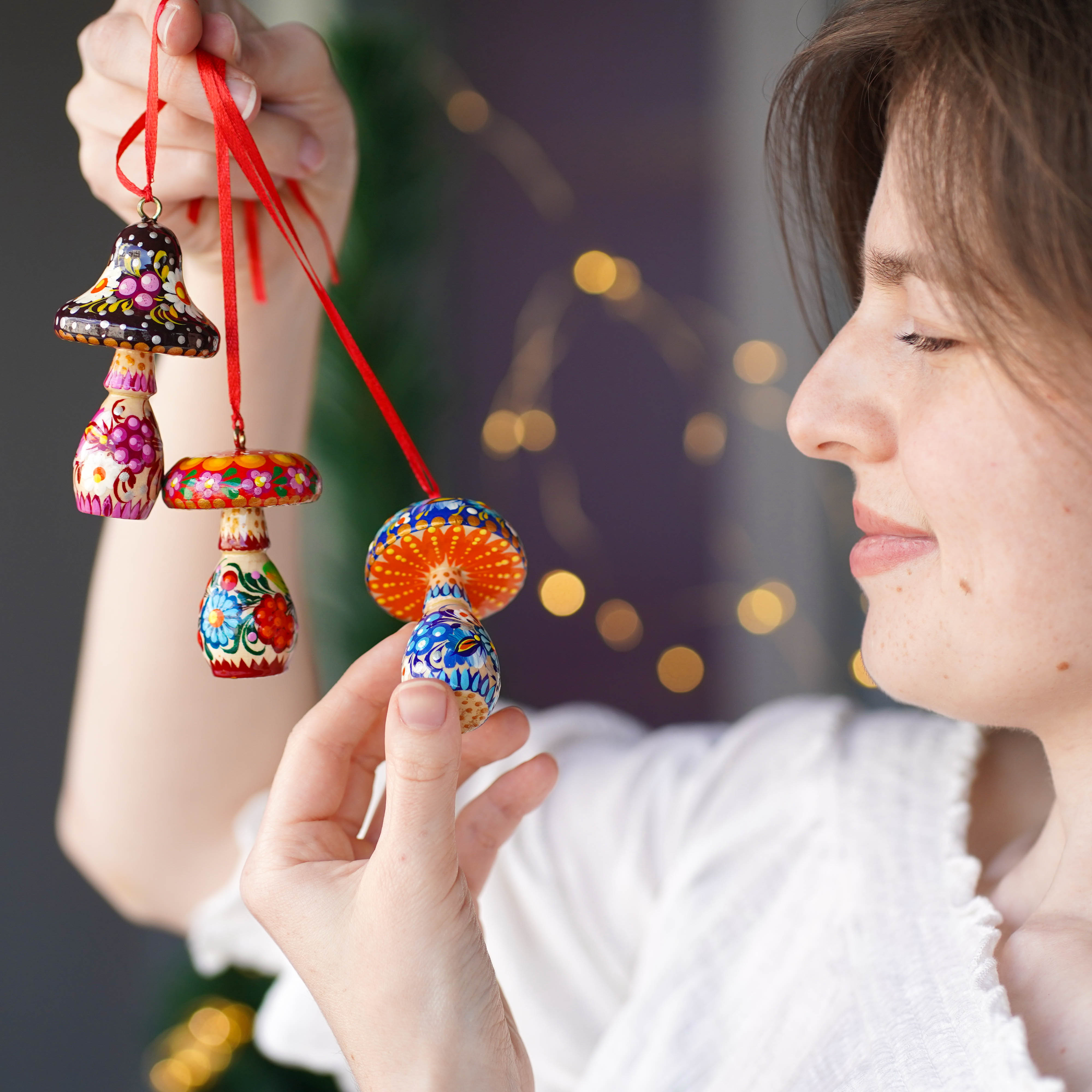 Hand-painted Wooden Mushroom Christmas Ornament - Artisanal Christmas Tree Decoration, Petrykivka Art