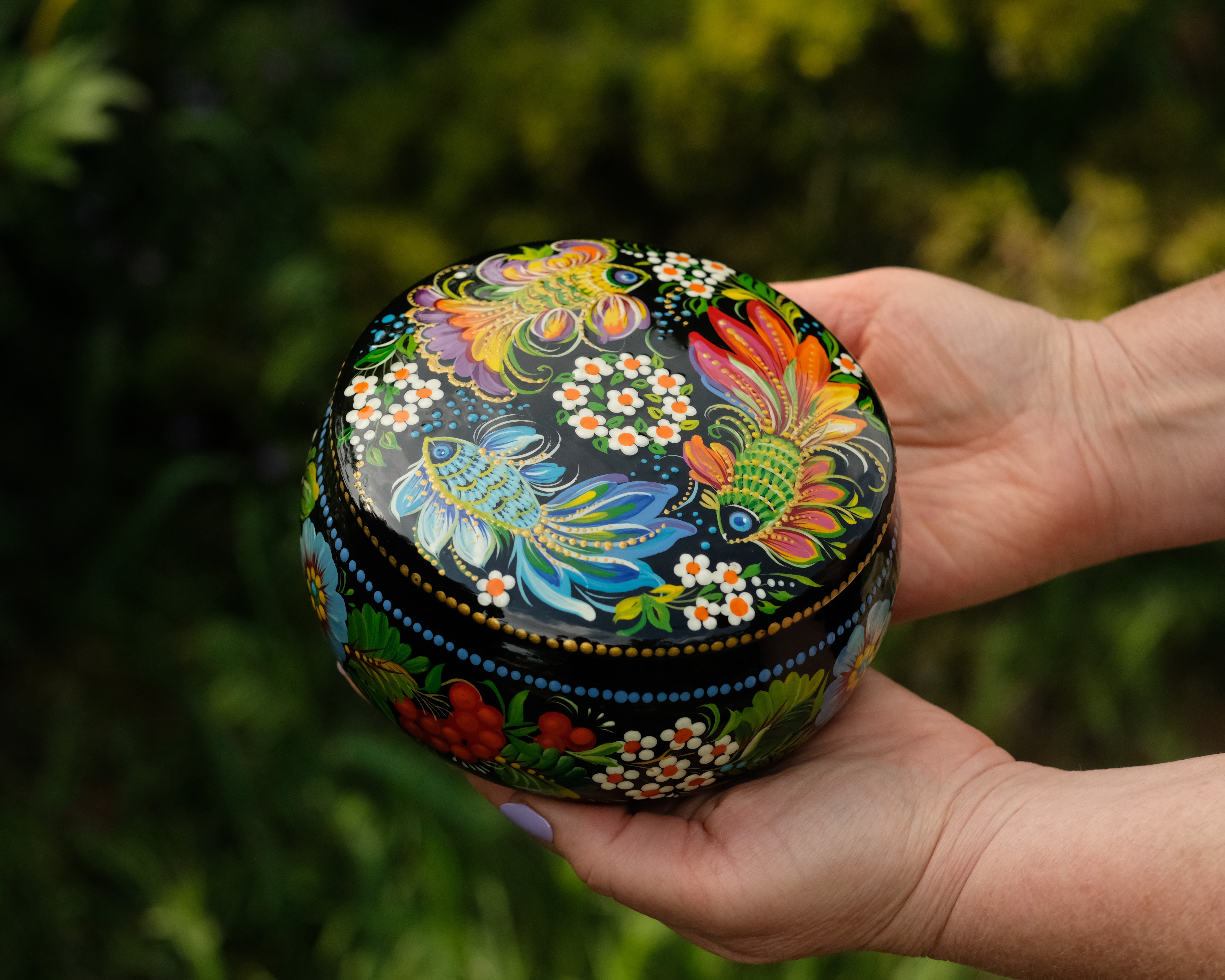 Hand-painted Wooden Jewelry Box - 5.1 in Petrykivka Art, Round Fairy Fish Trinket Box, Woodworking Jewelry Box