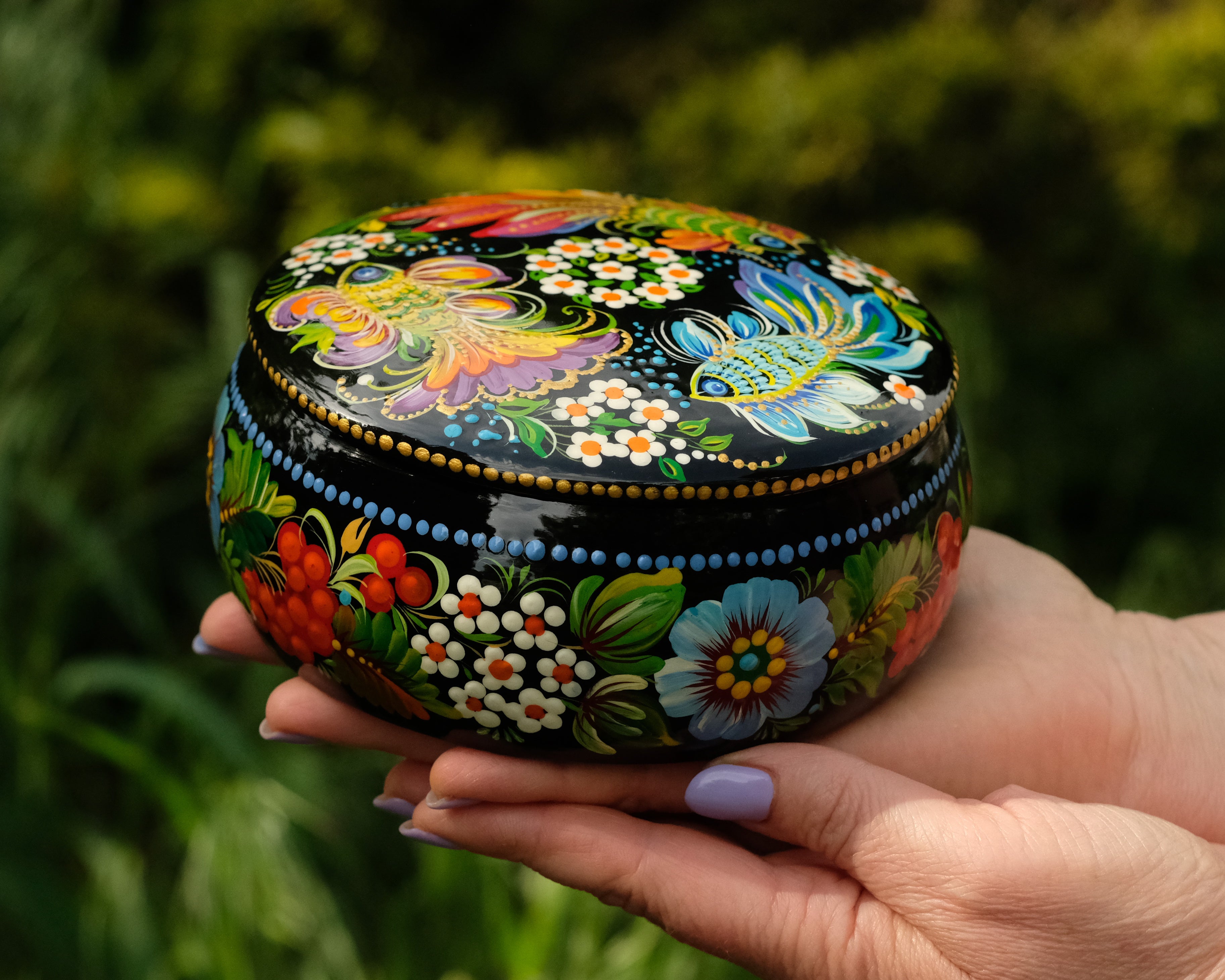 Hand-painted Wooden Jewelry Box - 5.1 in Petrykivka Art, Round Fairy Fish Trinket Box, Woodworking Jewelry Box